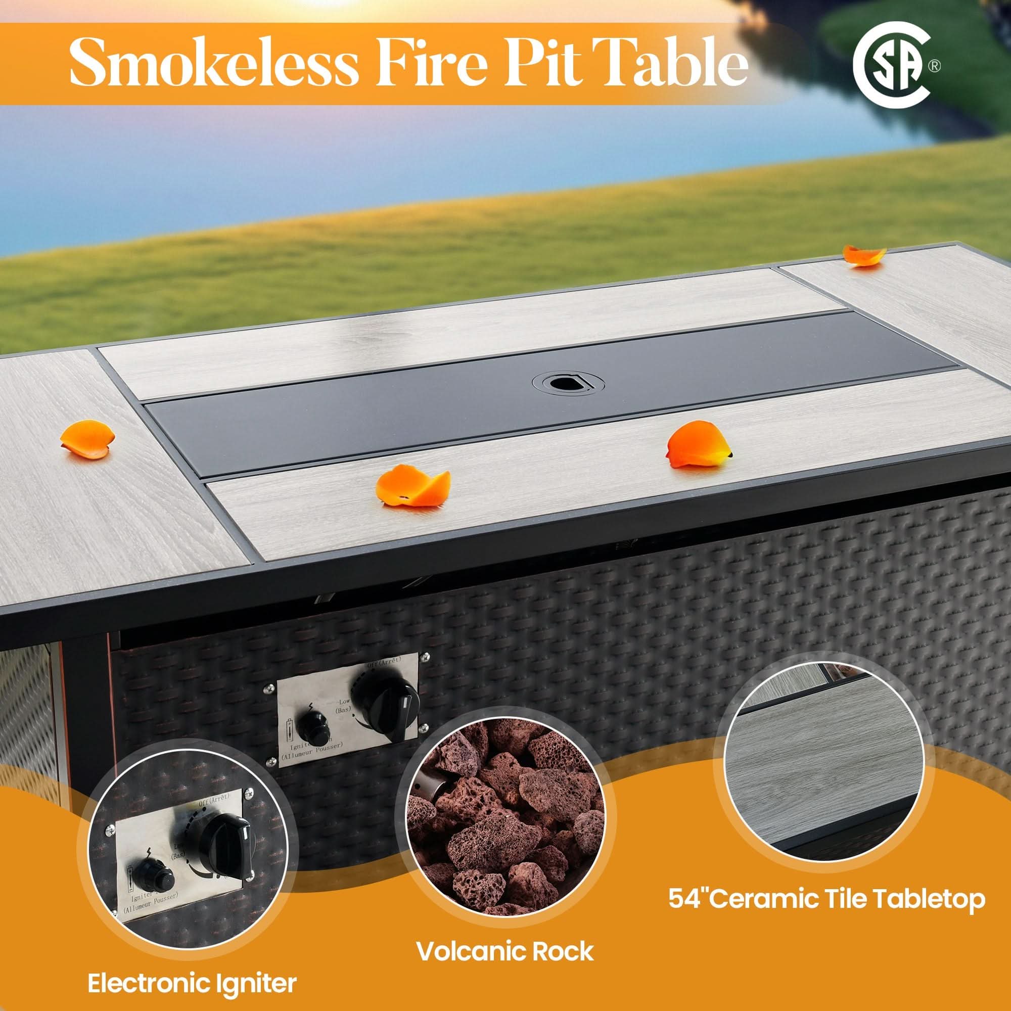 General | OVIOS Smokeless Fire Pit Table with wicker base, ceramic tile top, and electronic igniter.