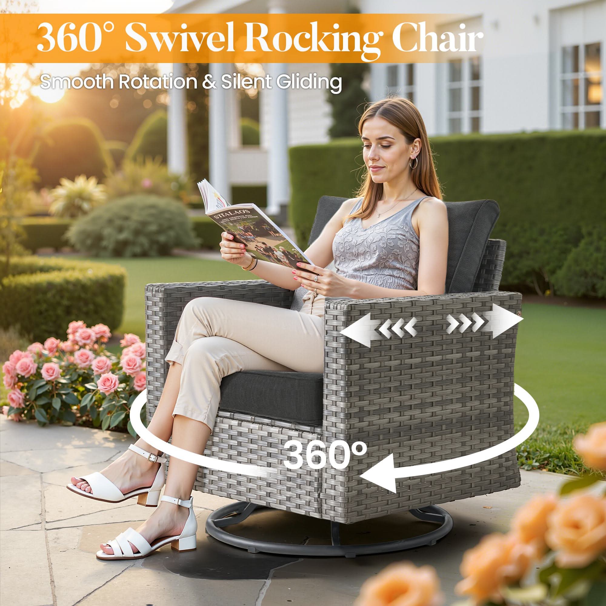 Black | OVIOS grey wicker high back 360° swivel rocking chair with cushions.