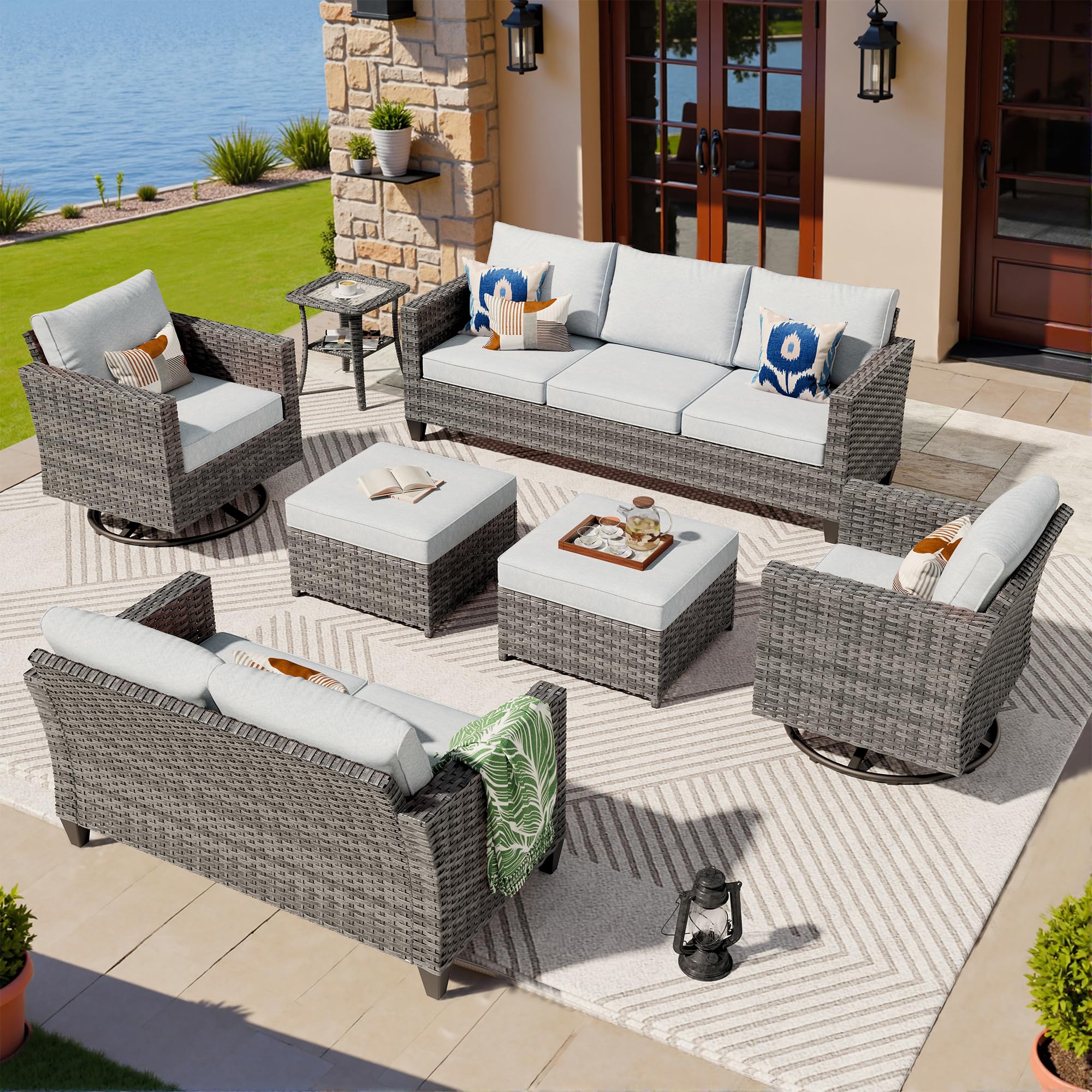 Ovios 7 Pieces Patio Furniture Set, Outdoor Wicker Sofa with Rocking Swivel Chairs