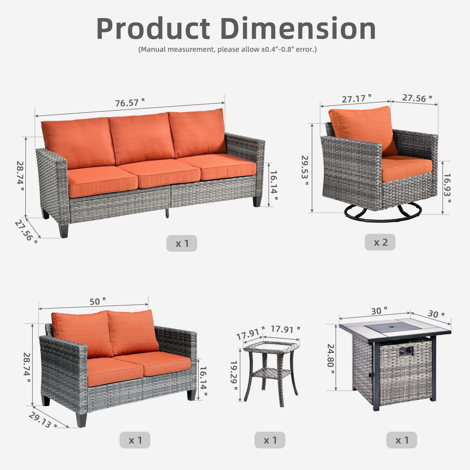 OVIOS Wicker Patio 6-Piece Set With 30'' Wicker Propane Fire Pit Table