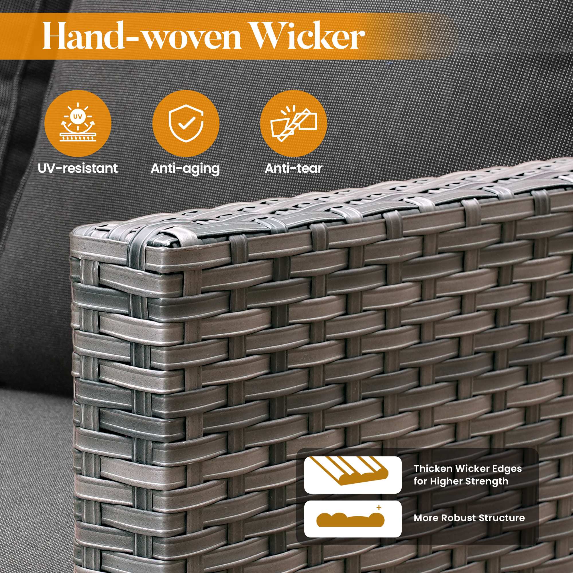 Black | OVIOS grey hand-woven wicker patio set detail: UV-resistant, robust structure.