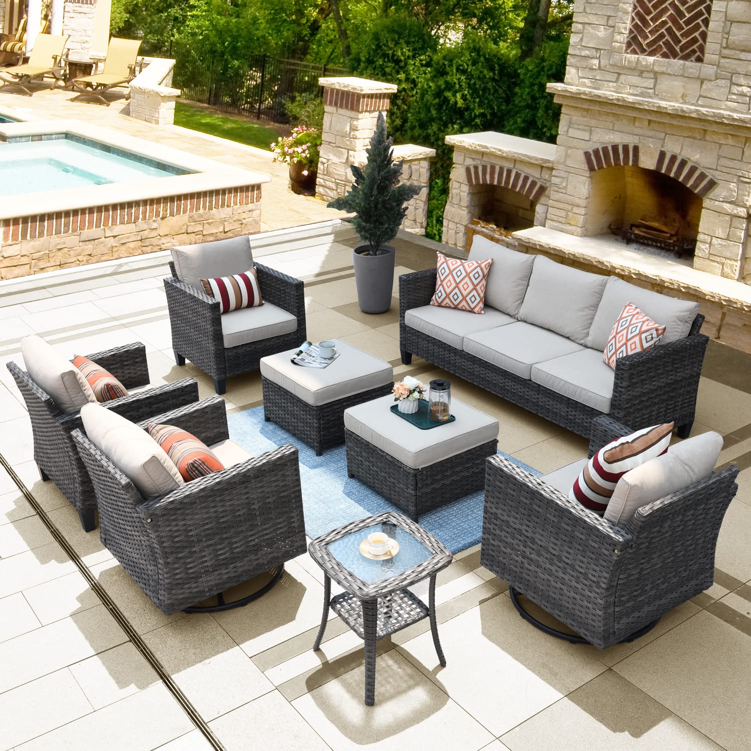 OVIOS Patio Conversation Set 8-Piece with Swivel Rocking Chairs and Table