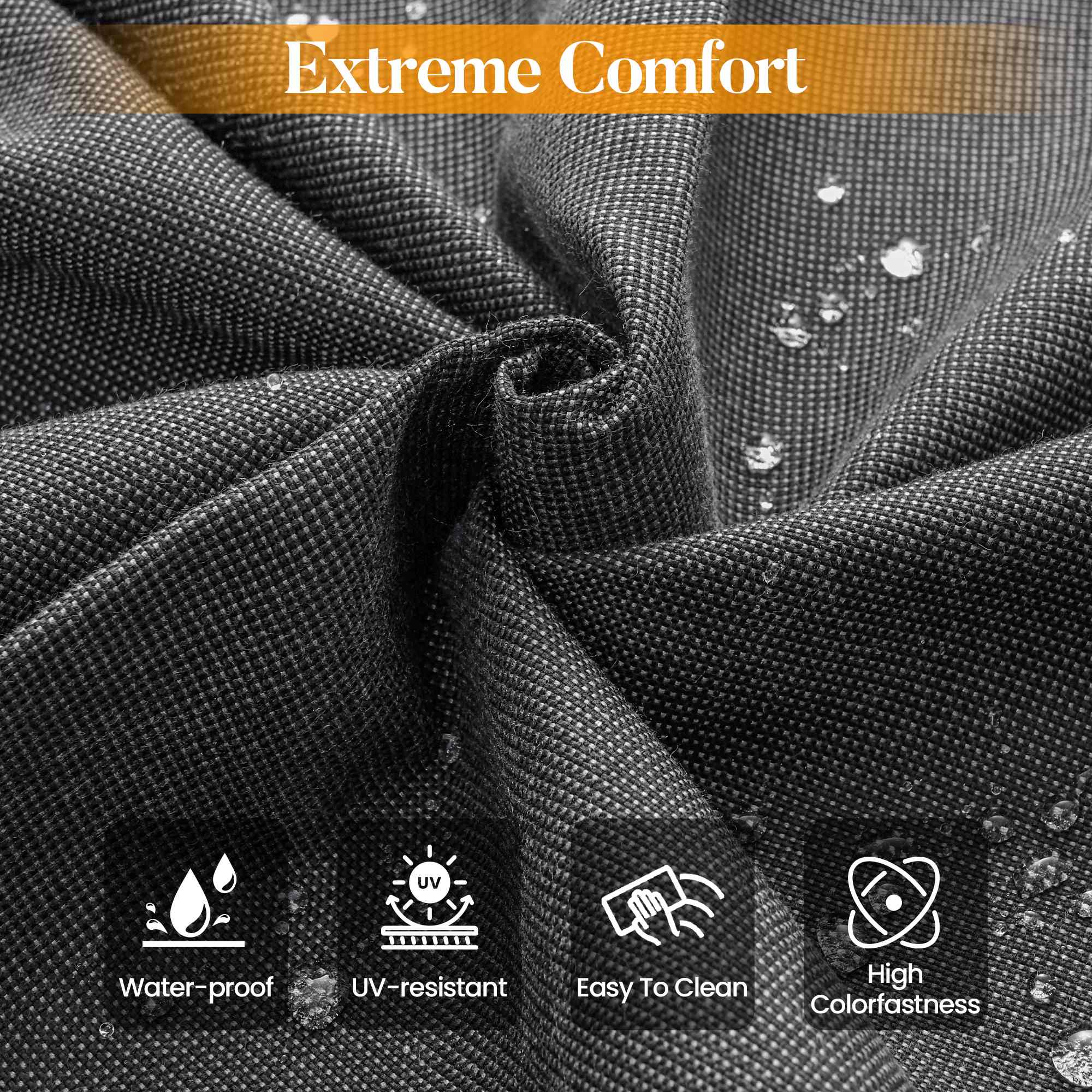 Black | OVIOS patio set fabric: water-proof, UV-resistant, easy clean, high colorfastness.