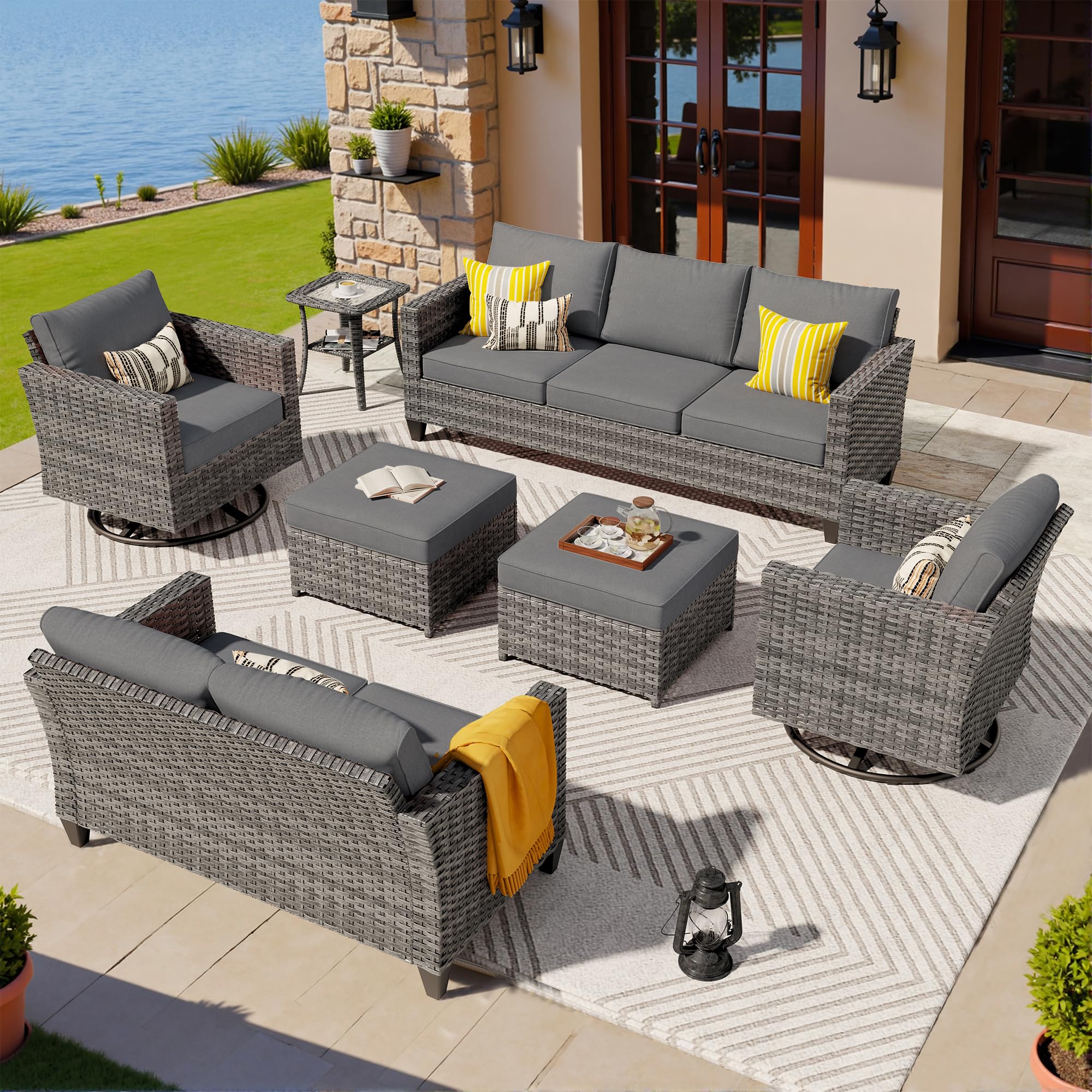 Ovios 7 Pieces Patio Furniture Set, Outdoor Wicker Sofa with Rocking Swivel Chairs