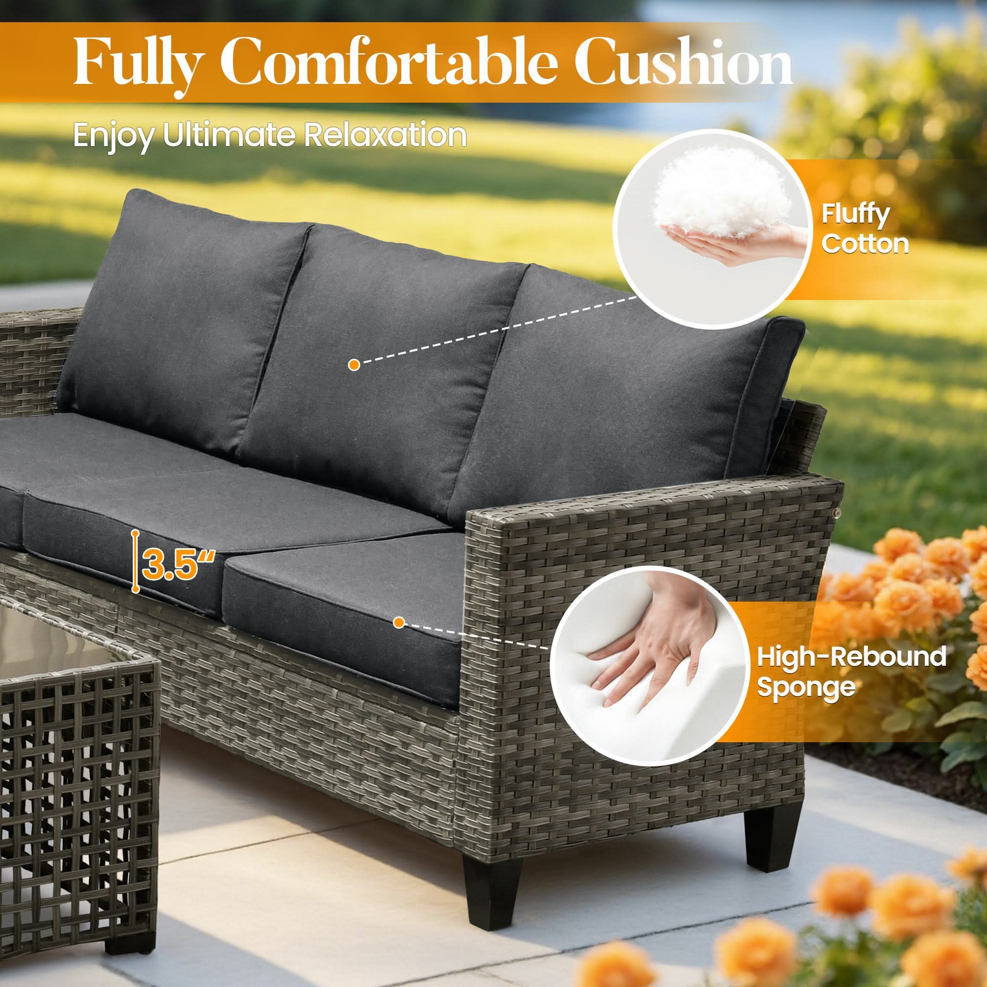 Black | OVIOS 7-pc high-back wicker patio sofa: 3.5" thick cushions, fluffy cotton & high-rebound sponge.