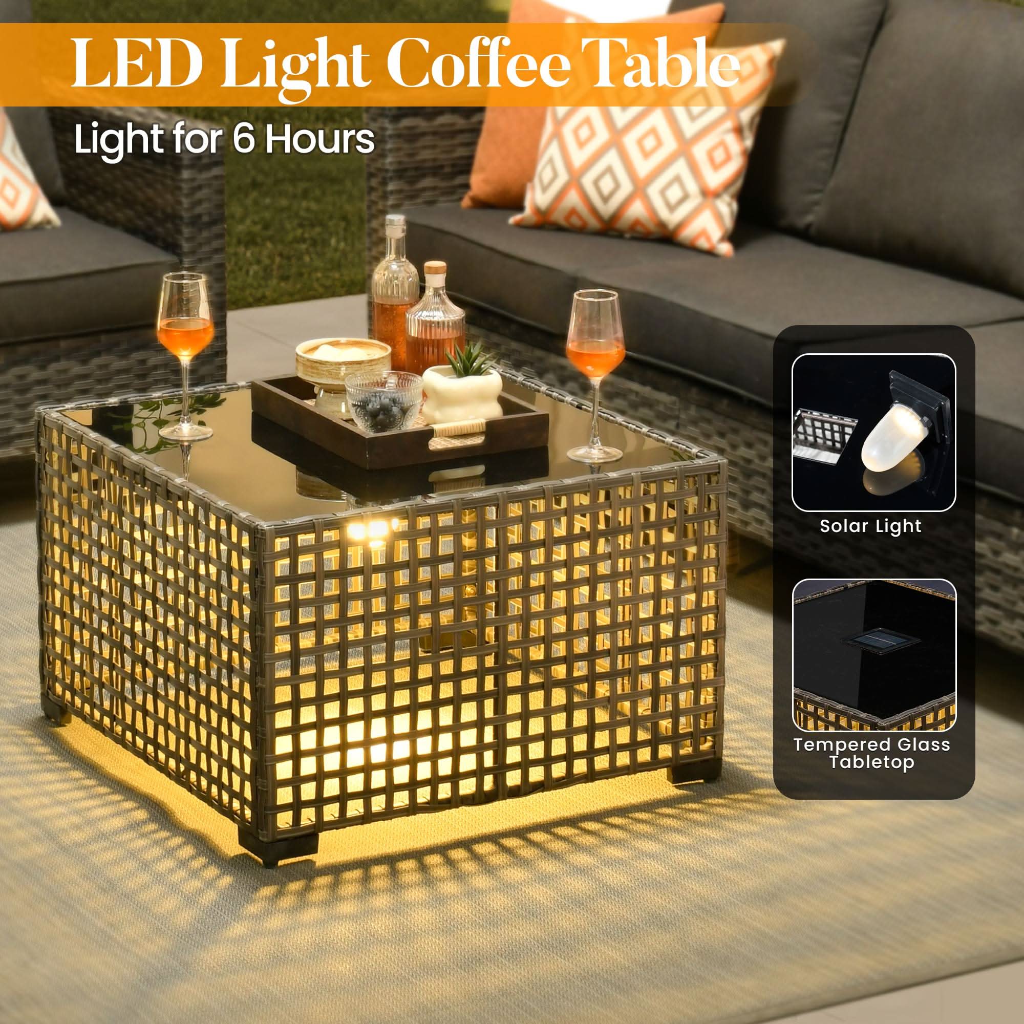 Black | OVIOS LED light wicker patio coffee table with solar power.