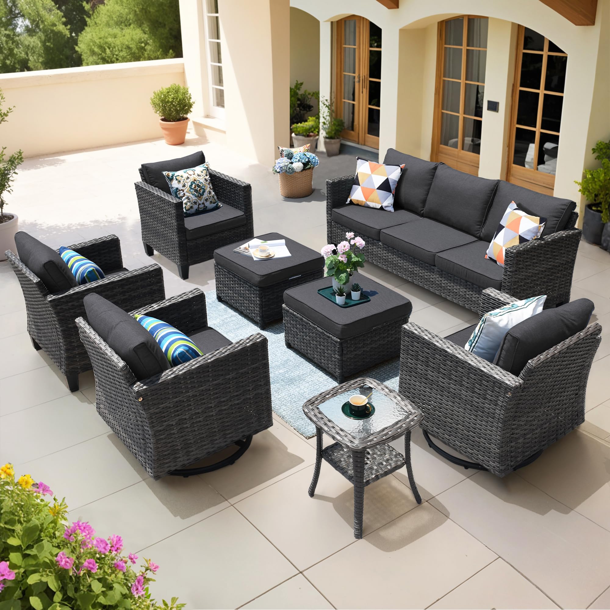 OVIOS Patio Conversation Set 8-Piece with Swivel Rocking Chairs and Table
