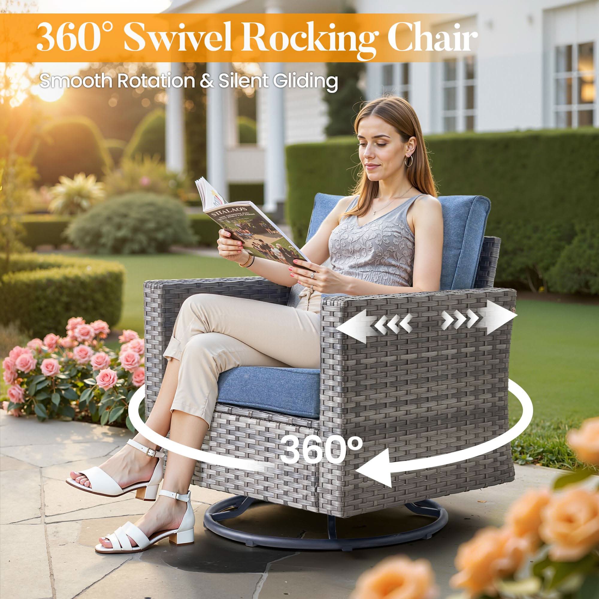 OVIOS Outdoor Patio Furniture Set with Wicker Sofa Loveseat Ottomans and Rocking Chairs