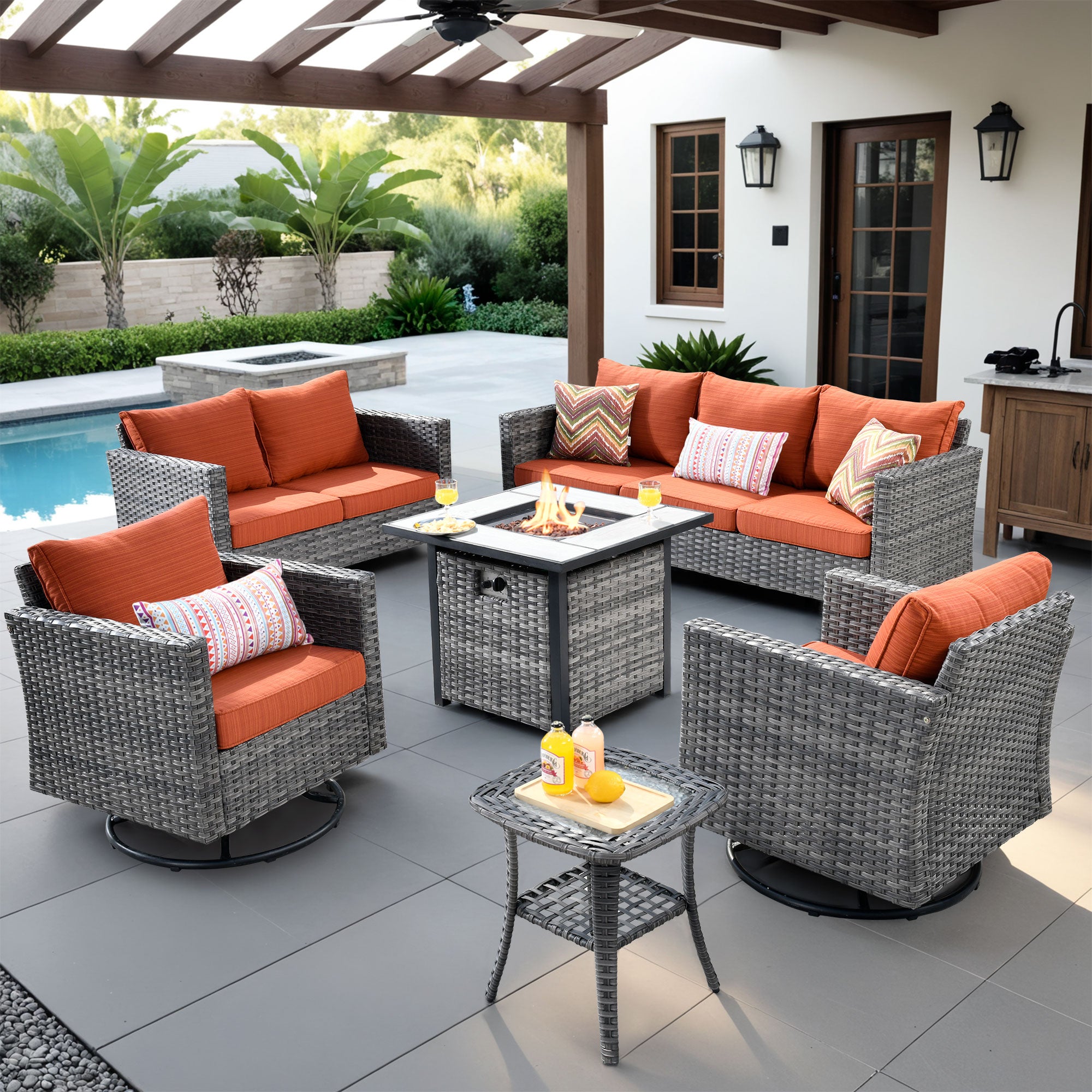 OVIOS Wicker Patio 6-Piece Set With 30'' Wicker Propane Fire Pit Table