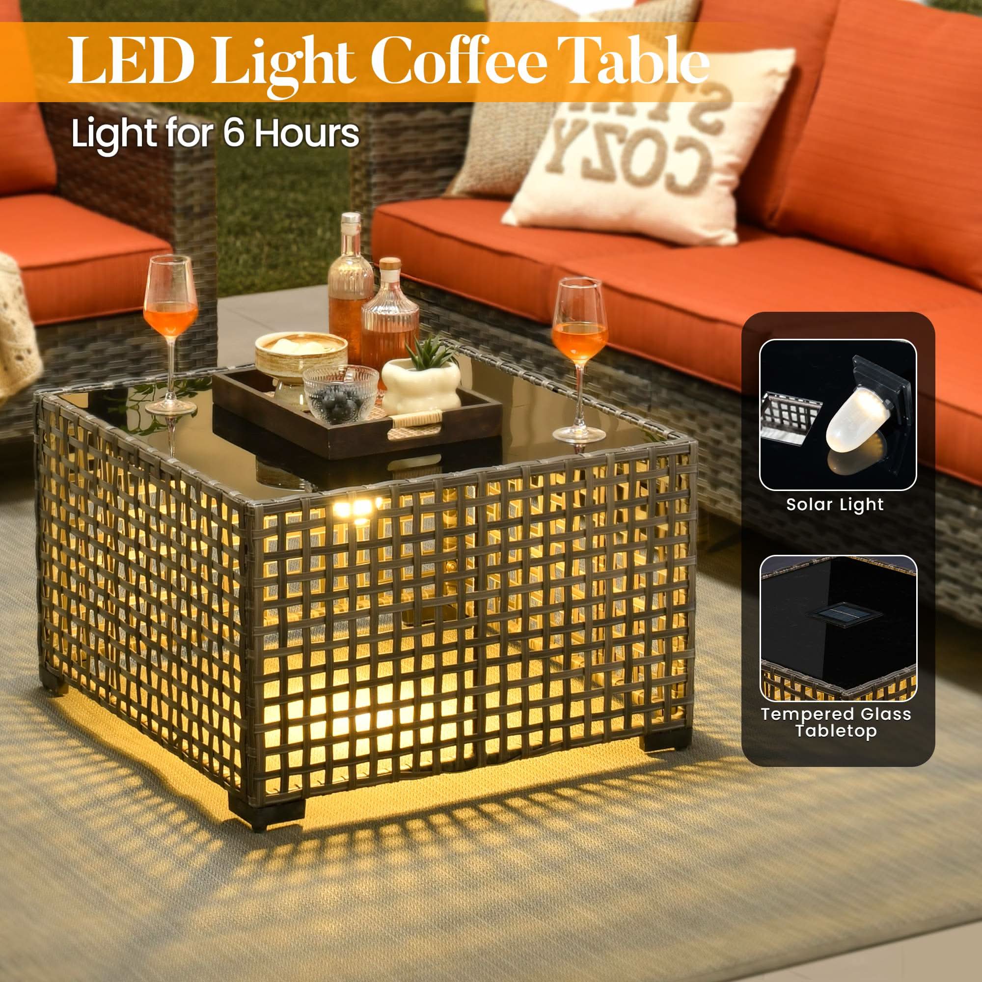Orange | LED lighted wicker patio coffee table with tempered glass tabletop by OVIOS.