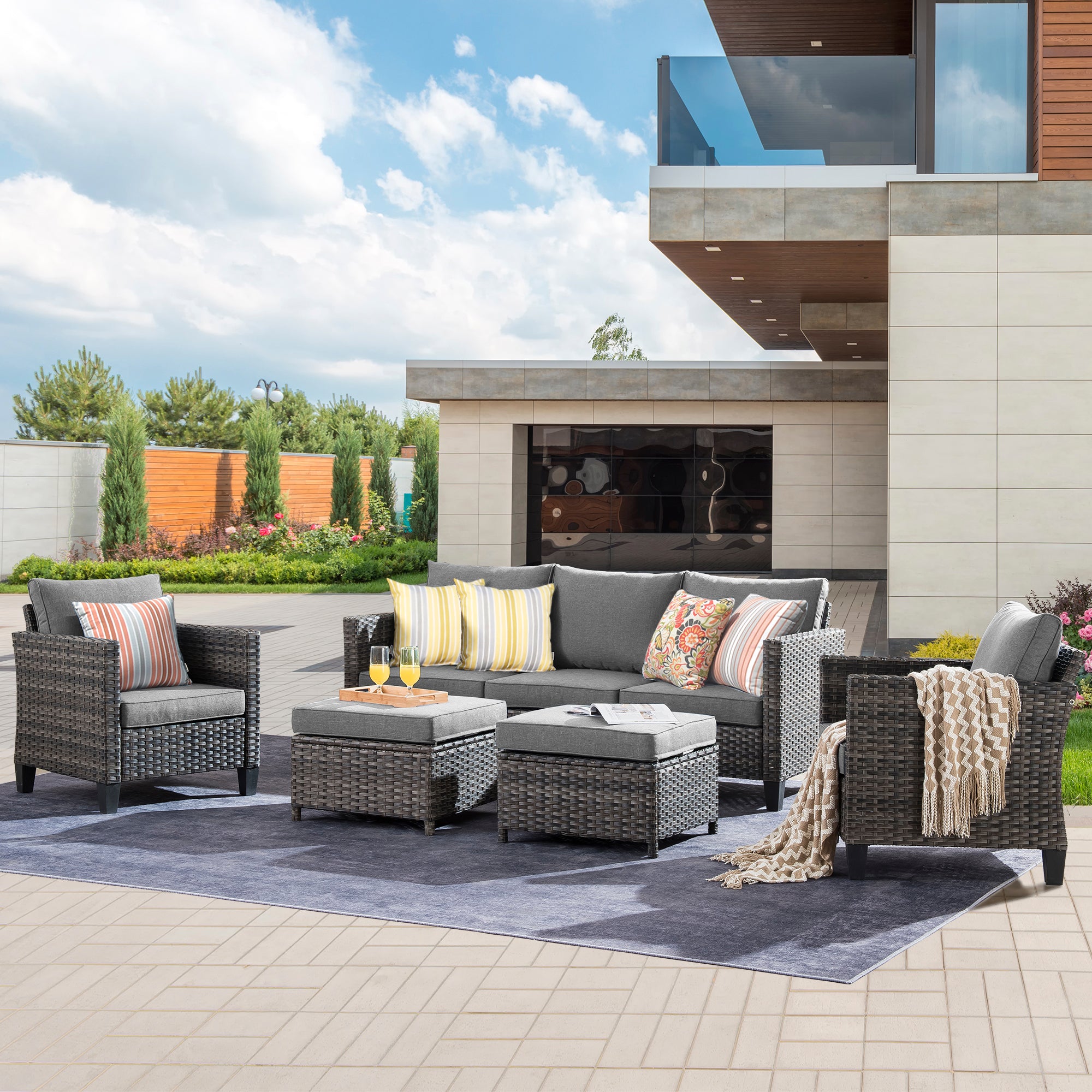 OVIOS Outdoor Patio Conversation Set New Vultros 5-Piece High Back Sofa Set with Cushions