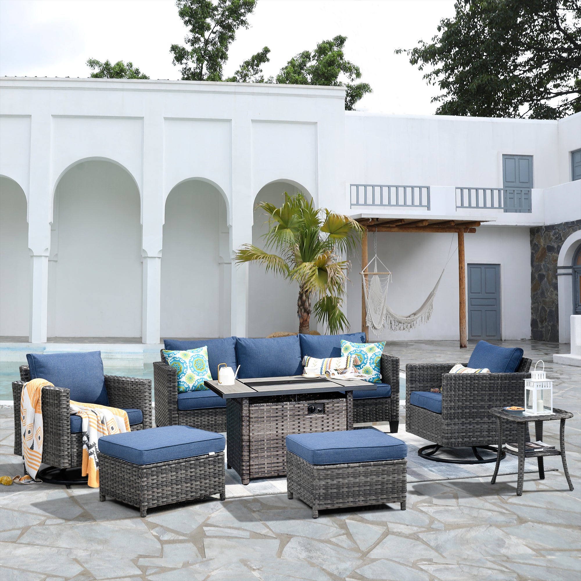 OVIOS Patio Vultros 7-Piece Set With Swivel Chair and Rectangle 42'' Propane Fire Pit Table