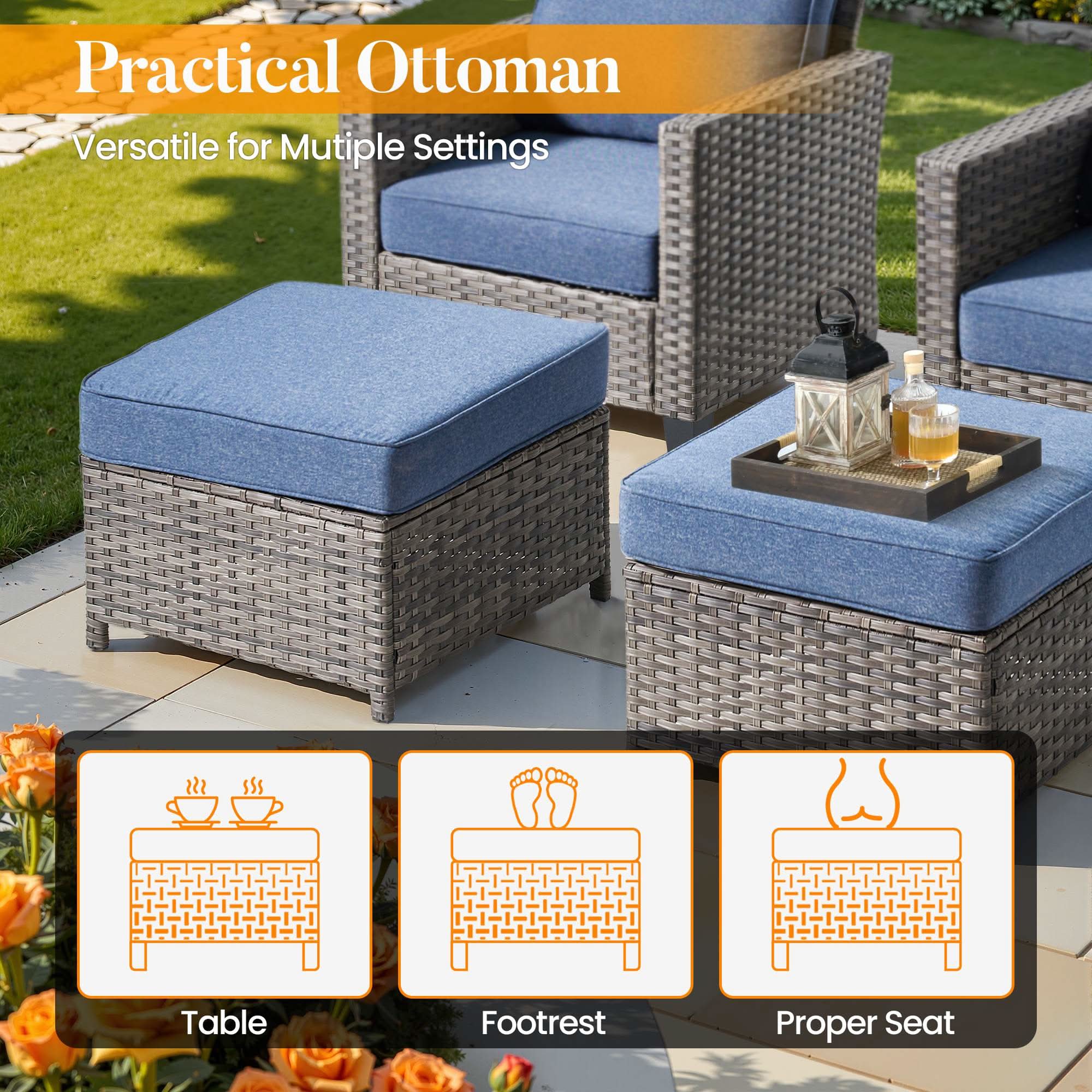 OVIOS Outdoor Patio Furniture Set with Wicker Sofa Loveseat Ottomans and Rocking Chairs
