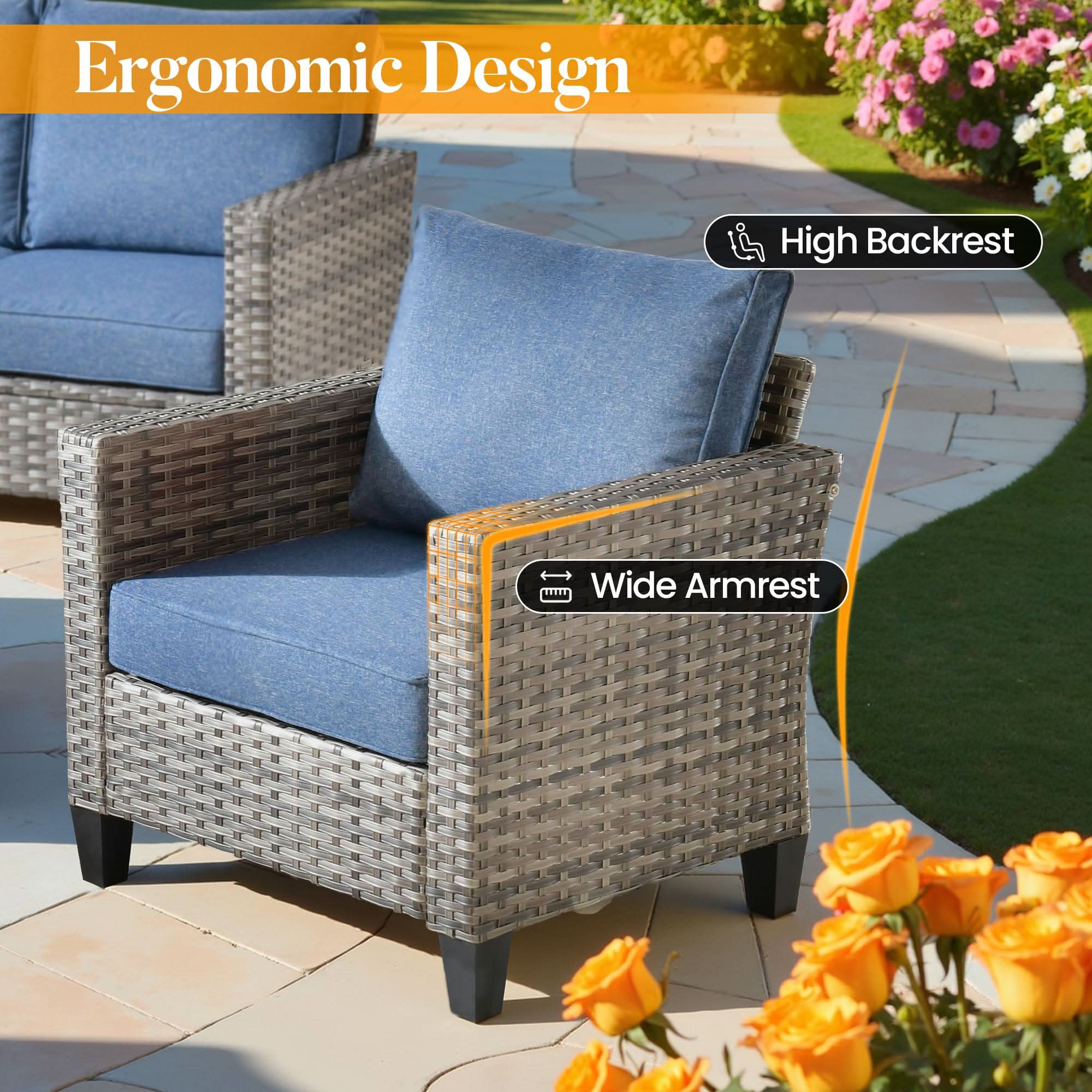 OVIOS Outdoor Patio Furniture Set with Wicker Sofa Loveseat Ottomans and Rocking Chairs