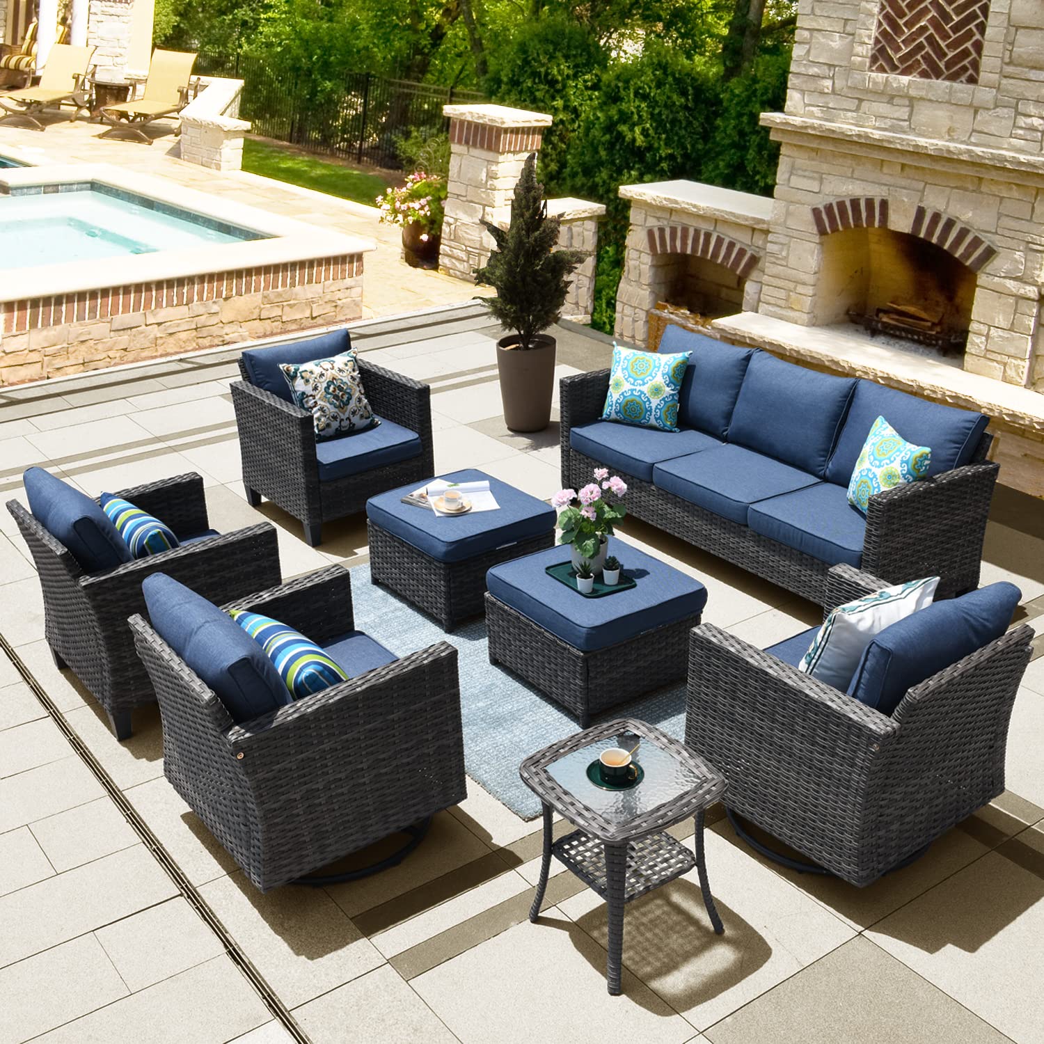 OVIOS Patio Conversation Set 8-Piece with Swivel Rocking Chairs and Table