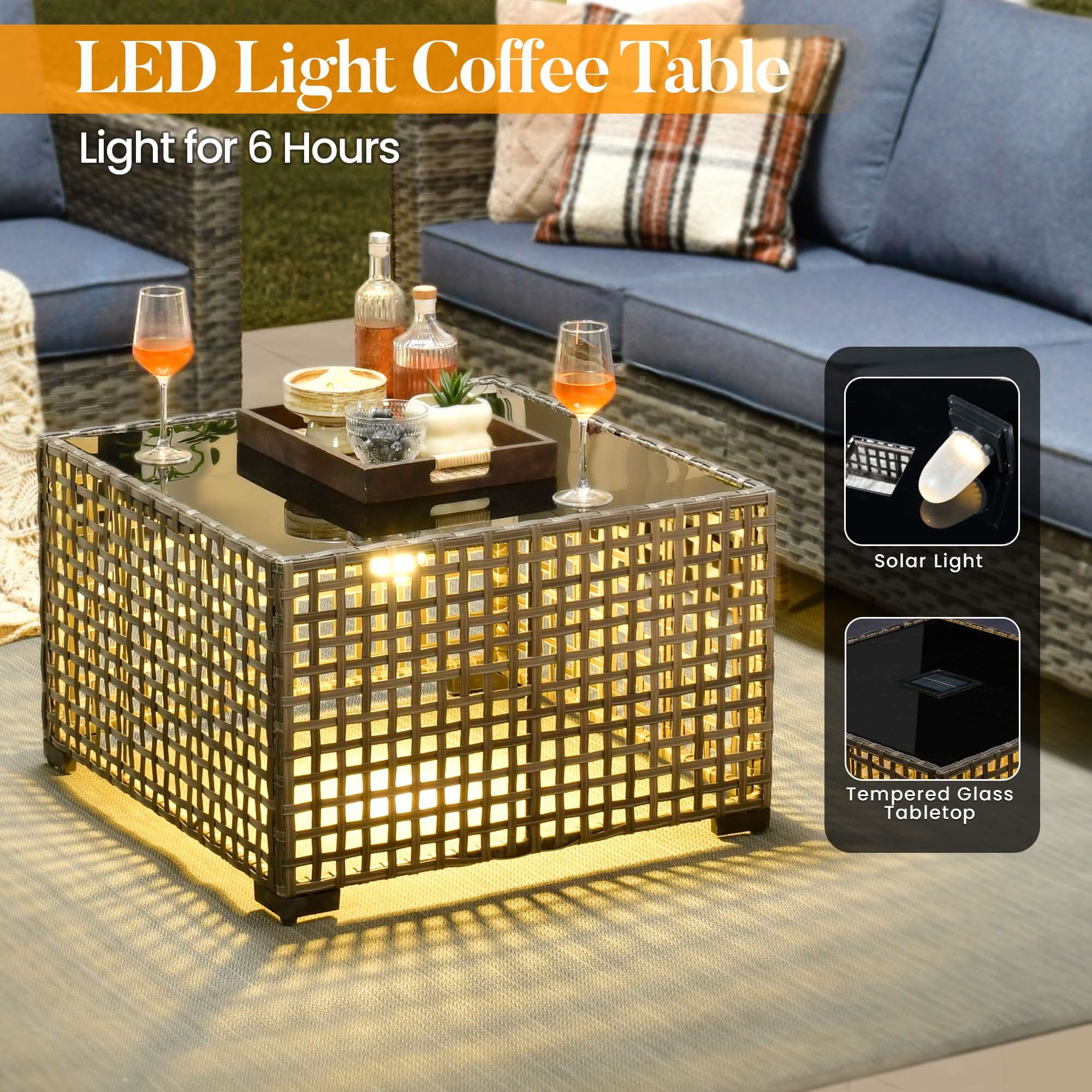 Denim Blue | OVIOS wicker patio furniture set features an LED illuminated coffee table with tempered glass top.