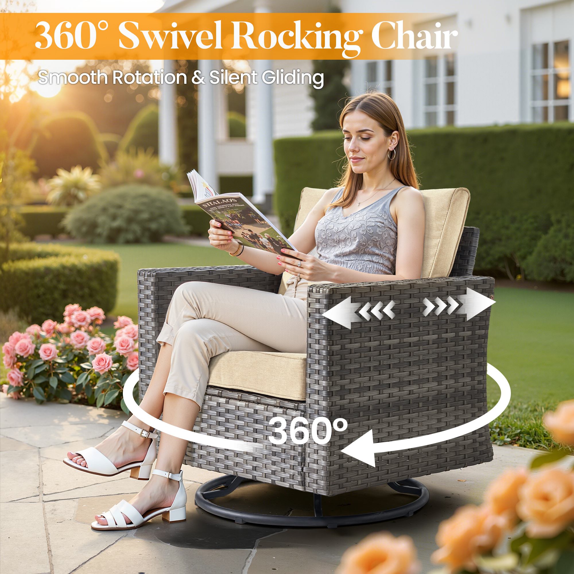 OVIOS Outdoor Patio Furniture Set with Wicker Sofa Loveseat Ottomans and Rocking Chairs