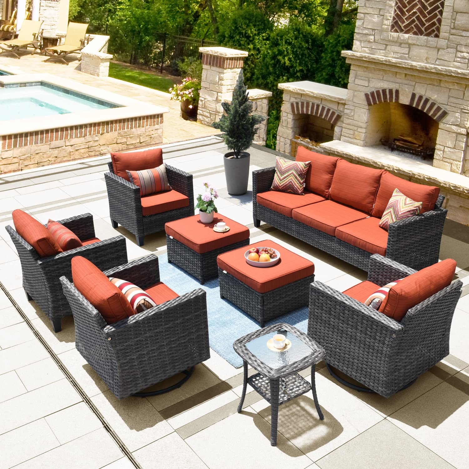 OVIOS Patio Conversation Set 8-Piece with Swivel Rocking Chairs and Table