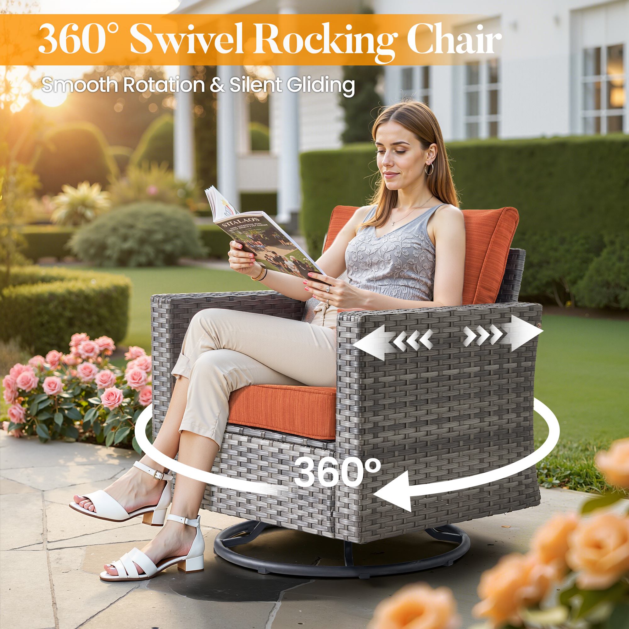 OVIOS Outdoor Patio Furniture Set with Wicker Sofa Loveseat Ottomans and Rocking Chairs