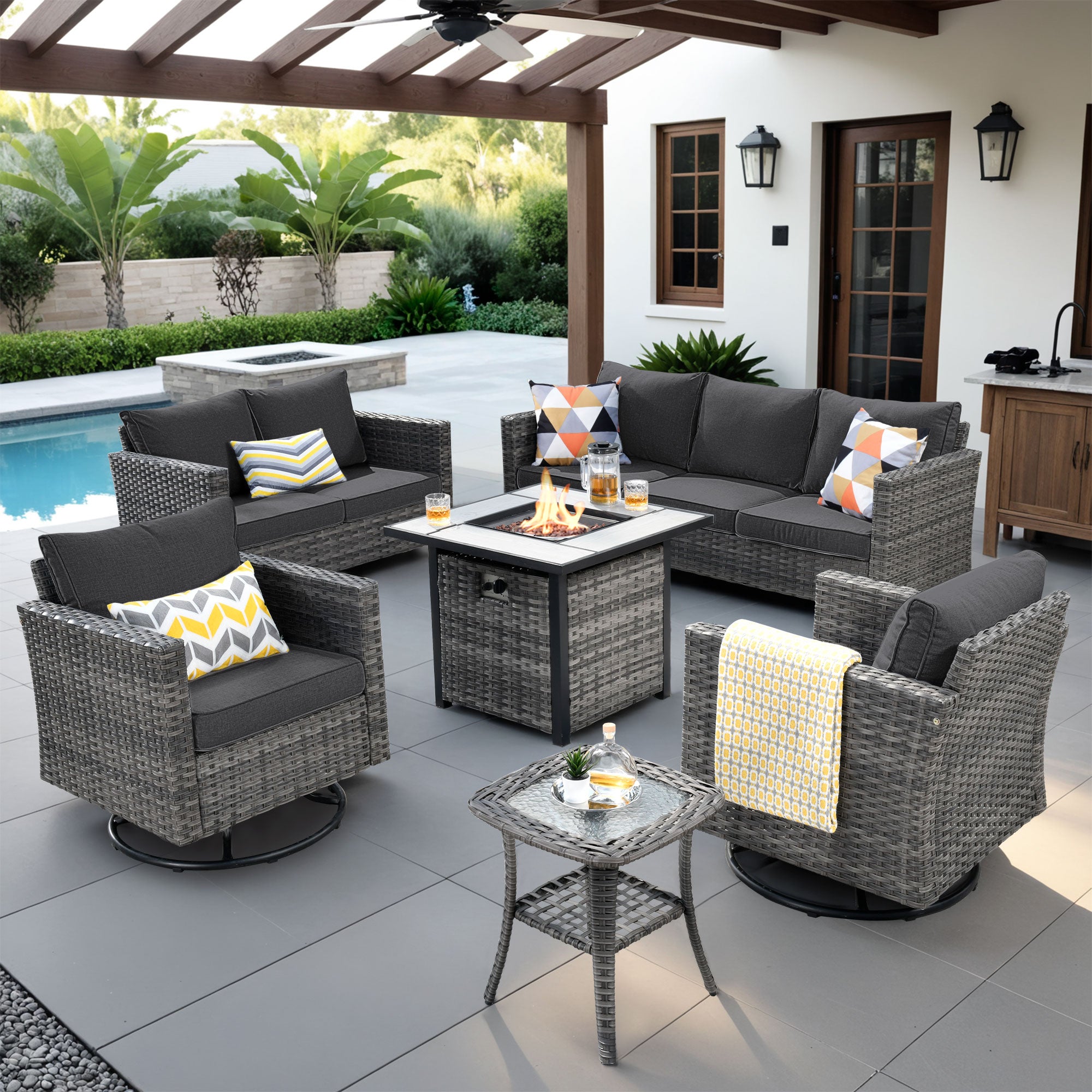 OVIOS Patio Vultros 6-Piece Set With Swivel Chair Lover seat and 30'' Propane Fire Pit Table