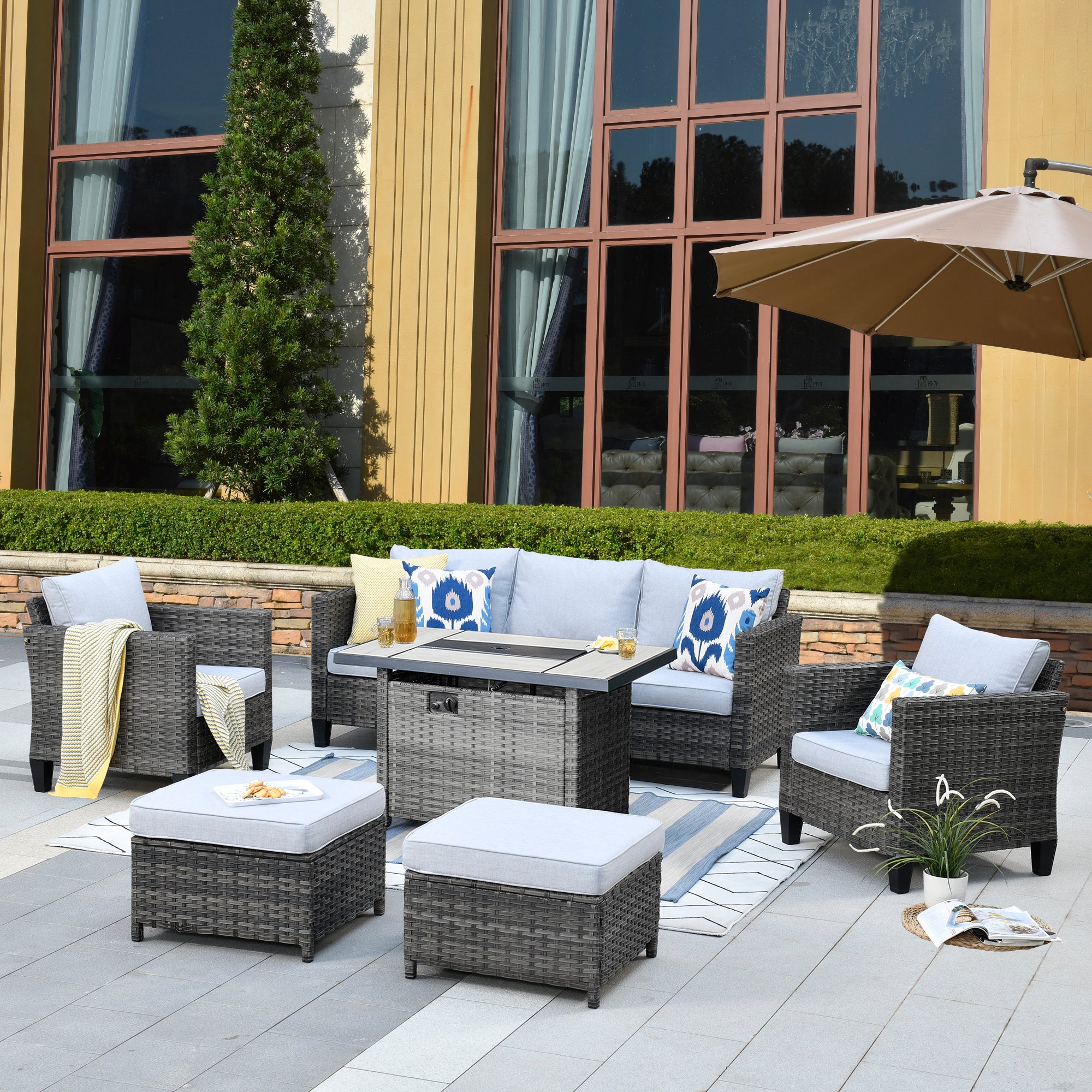 OVIOS Patio Conversation Set 6-Piece with Rectangle 42'' Fire Pit Table and Vultros Set