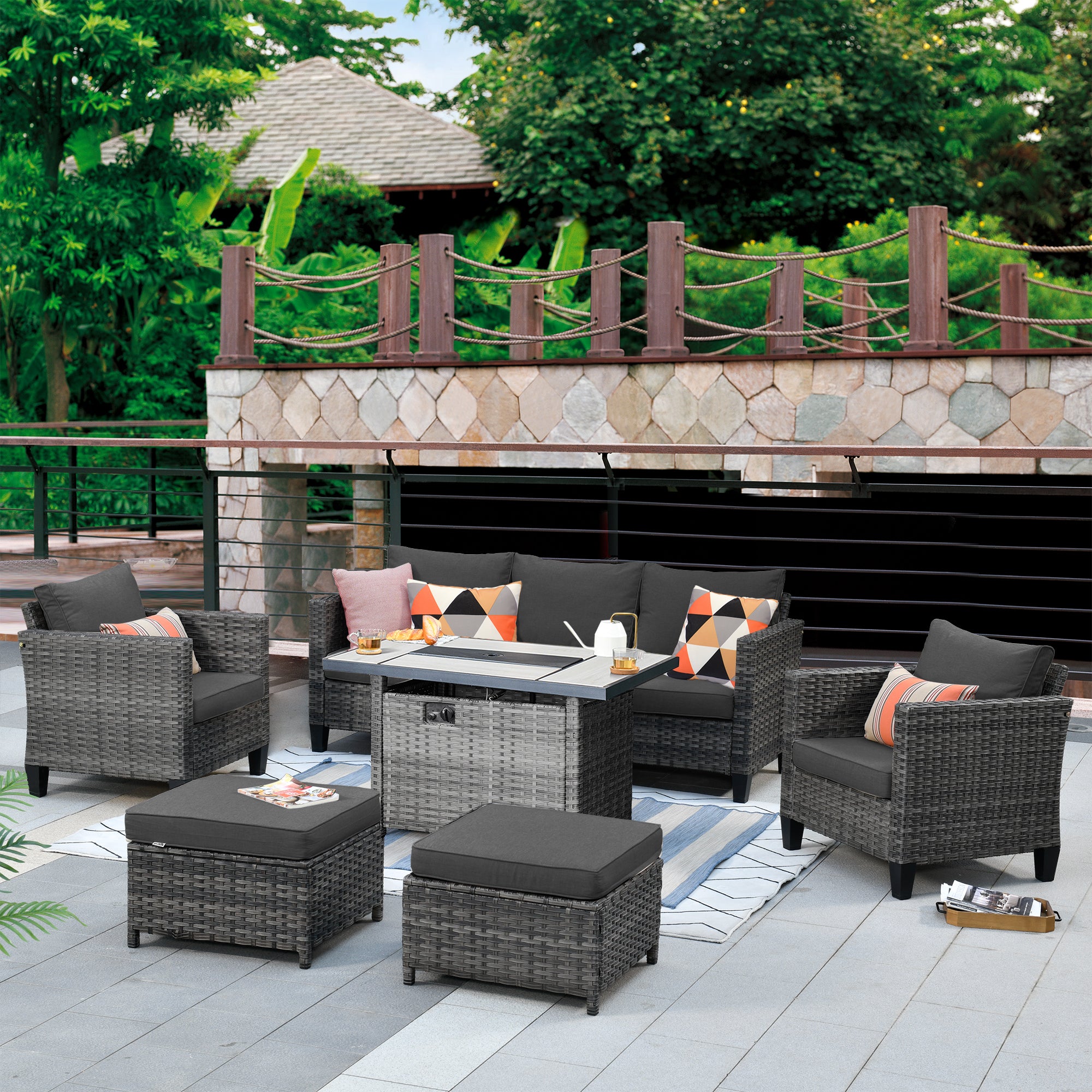 OVIOS Patio Conversation Set 6-Piece with Rectangle 42'' Fire Pit Table and Vultros Set