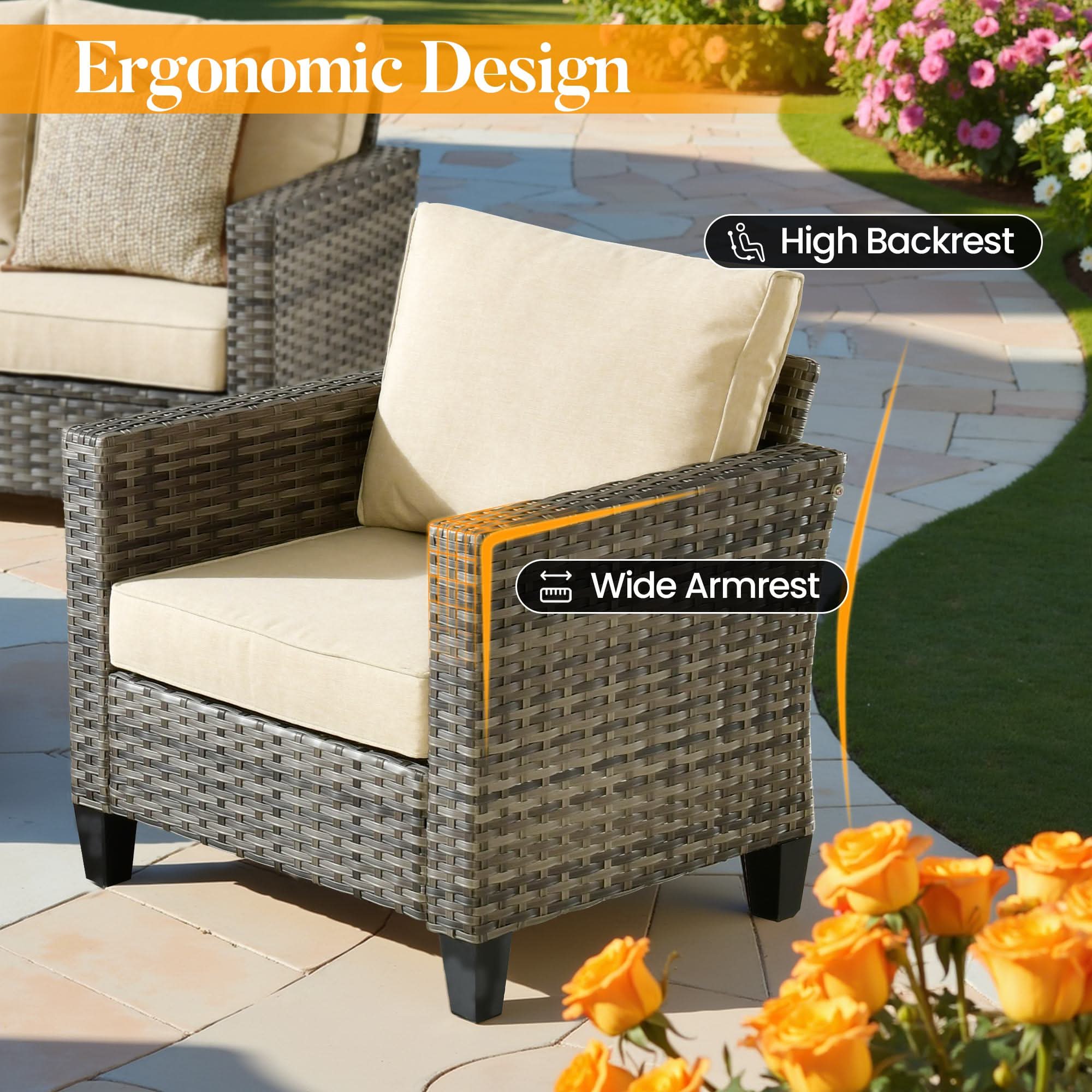 OVIOS Outdoor Patio Furniture Set with Wicker Sofa Loveseat Ottomans and Rocking Chairs