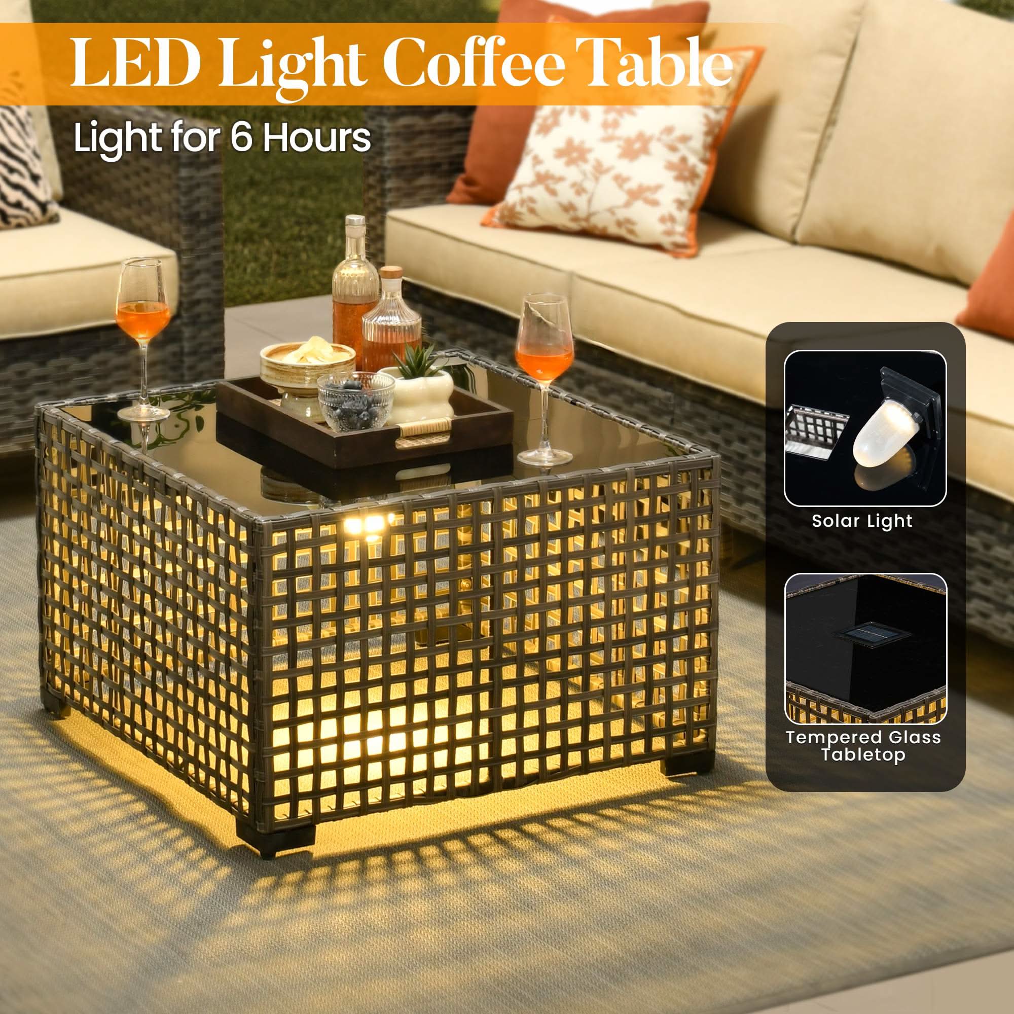 Beige | OVIOS wicker patio coffee table with LED lights and tempered glass tabletop.