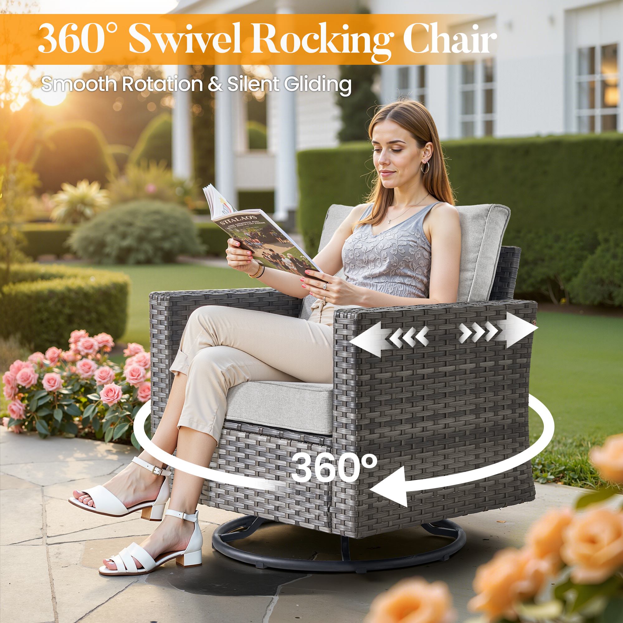 OVIOS Outdoor Patio Furniture Set with Wicker Sofa Loveseat Ottomans and Rocking Chairs