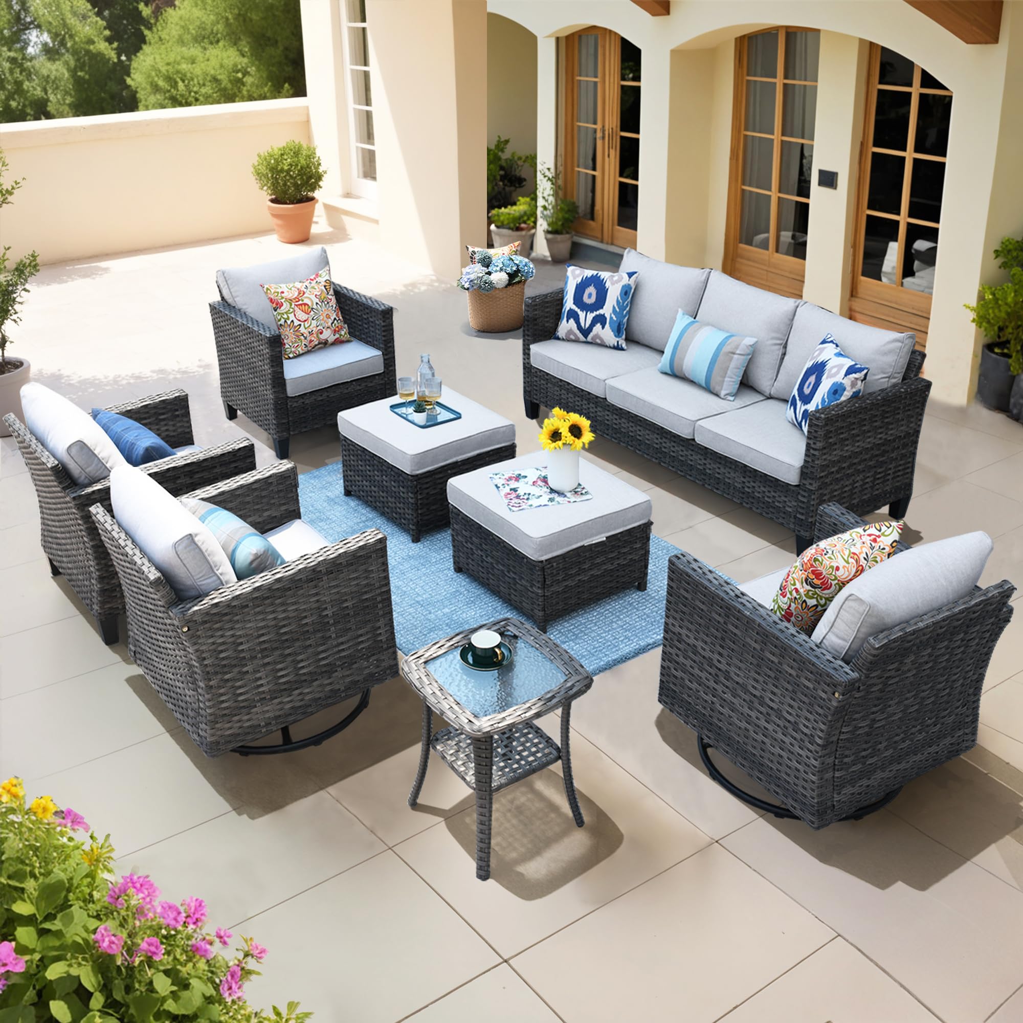 OVIOS Patio Conversation Set 8-Piece with Swivel Rocking Chairs and Table