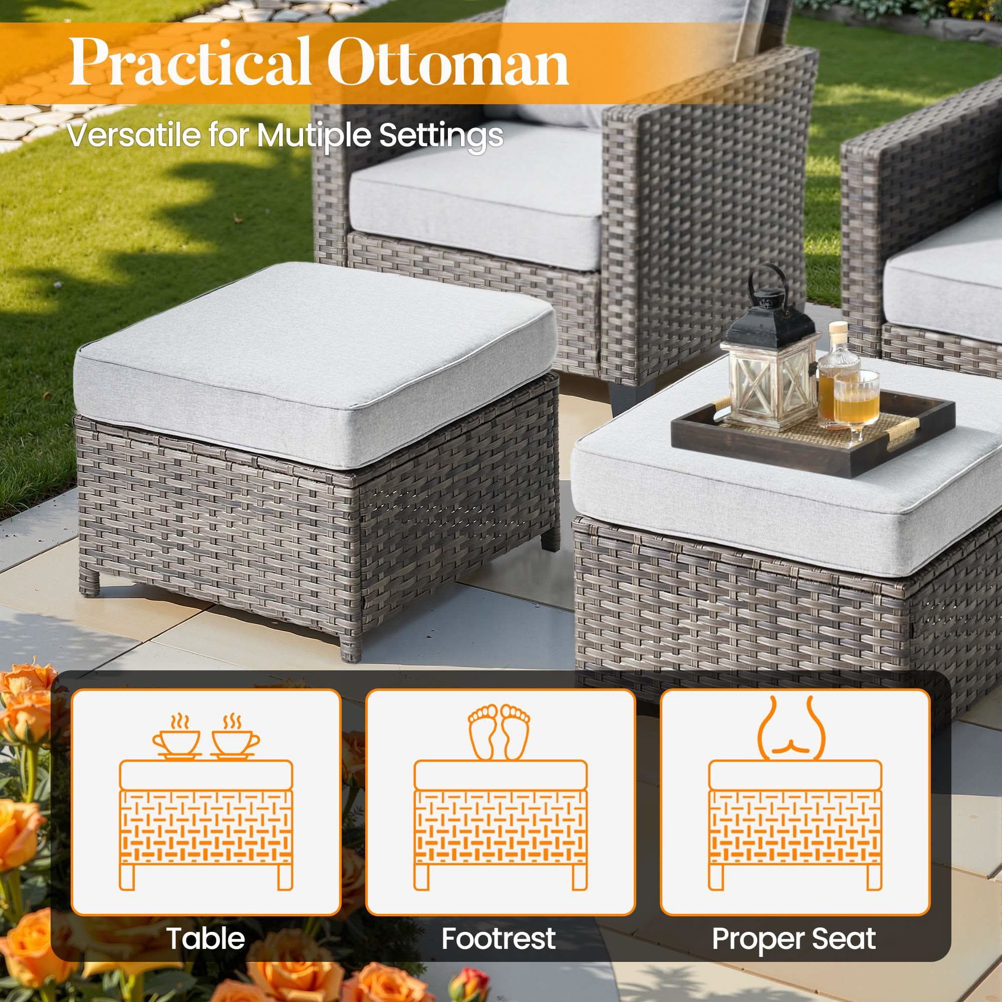 OVIOS Outdoor Patio Furniture Set with Wicker Sofa Loveseat Ottomans and Rocking Chairs