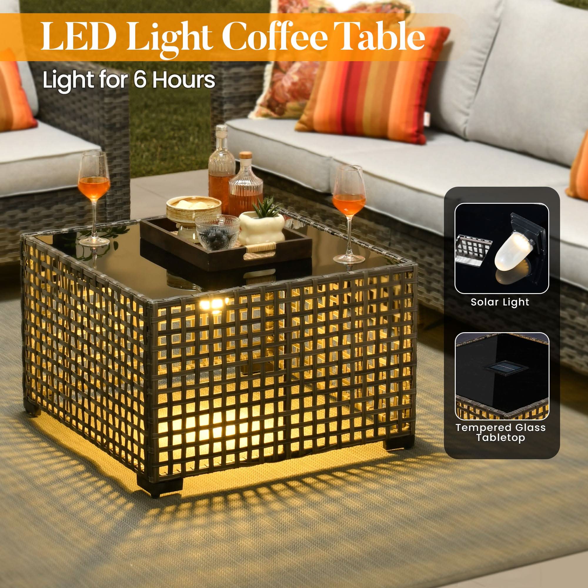 Grey | OVIOS PE wicker patio coffee table with solar LED lights, tempered glass top.