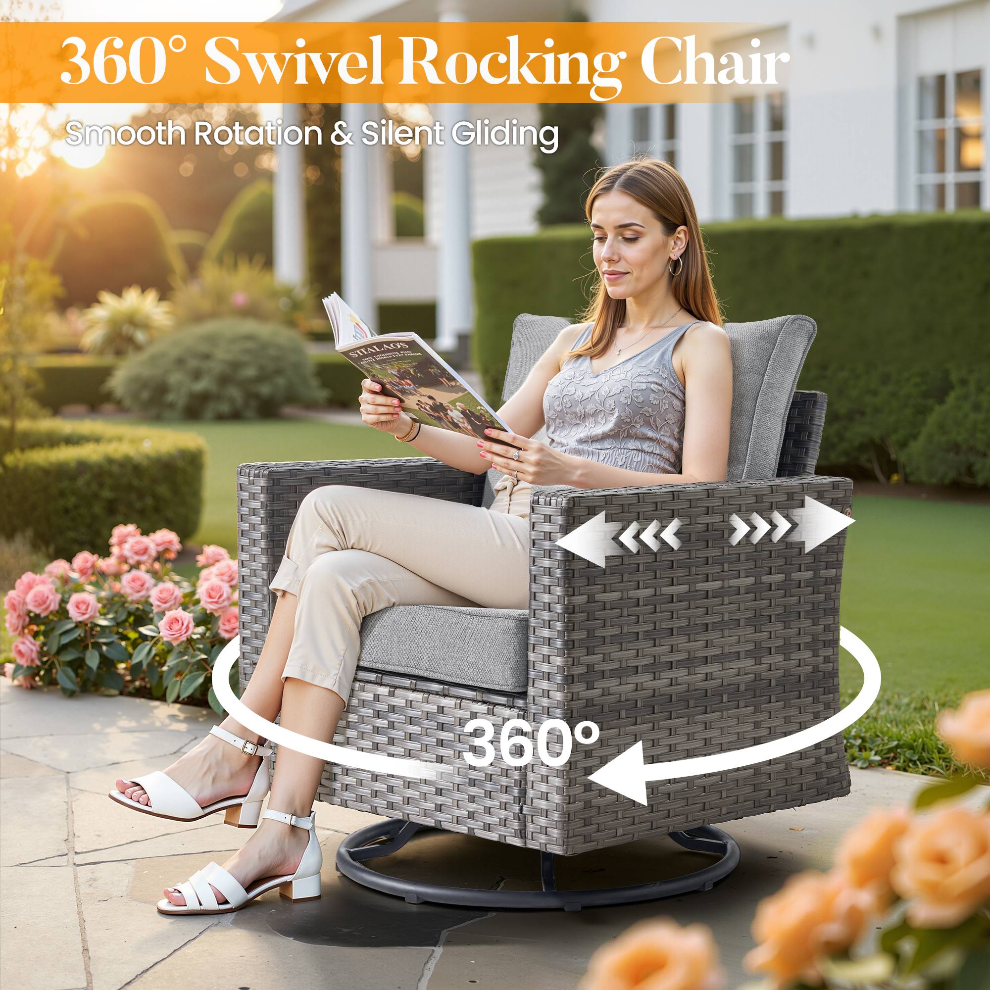 OVIOS Outdoor Patio Furniture Set with Wicker Sofa Loveseat Ottomans and Rocking Chairs