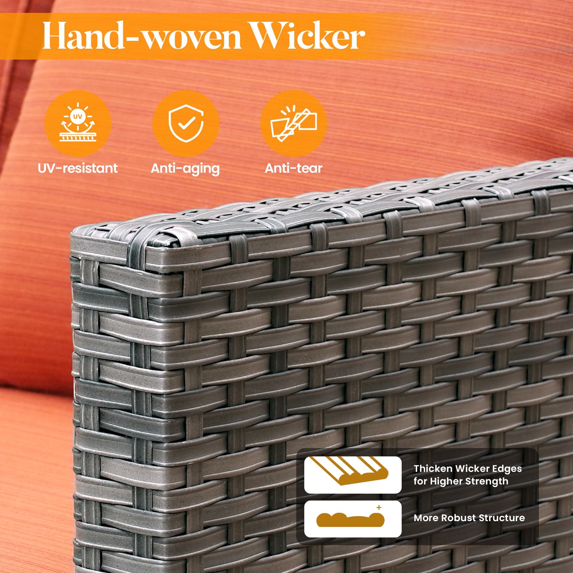 Orange | OVIOS grey wicker patio furniture: UV-resistant, anti-aging, anti-tear, robust weave.