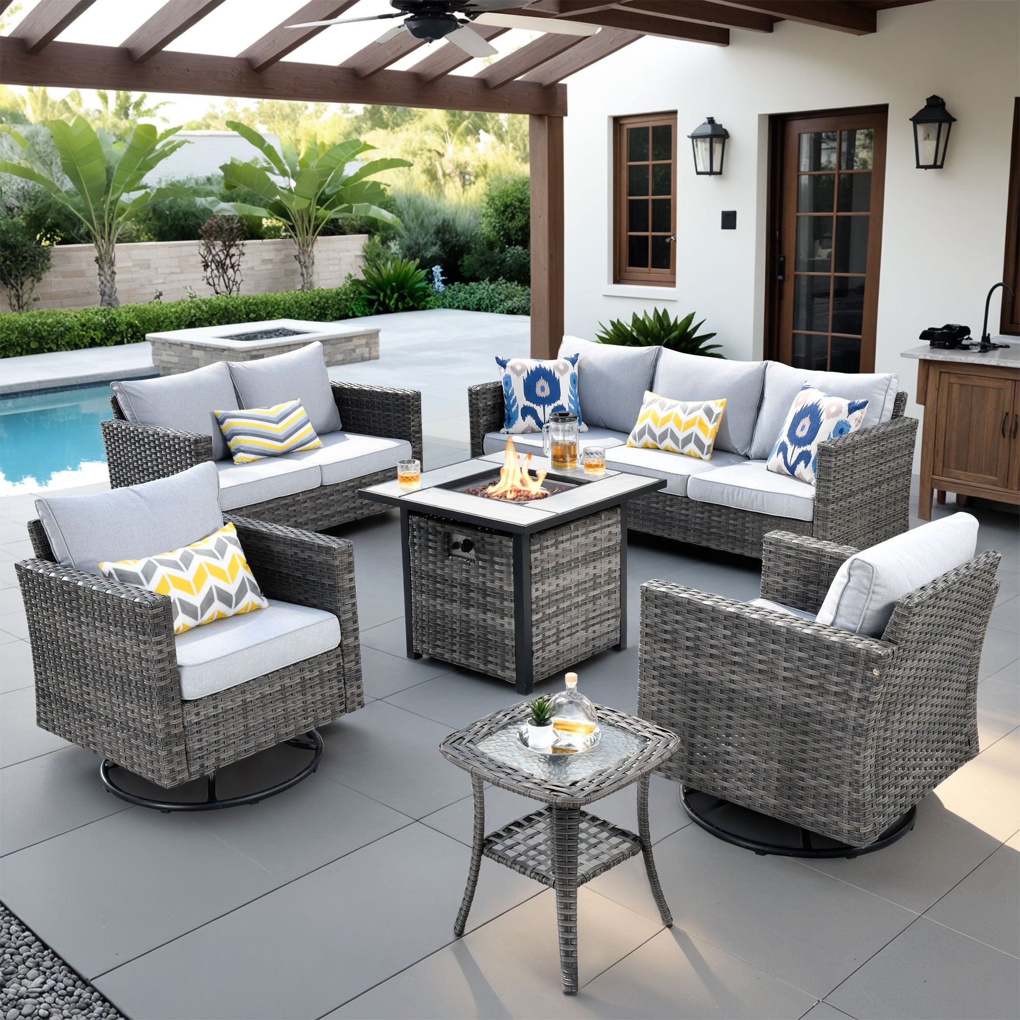 OVIOS Wicker Patio 6-Piece Set With 30'' Wicker Propane Fire Pit Table