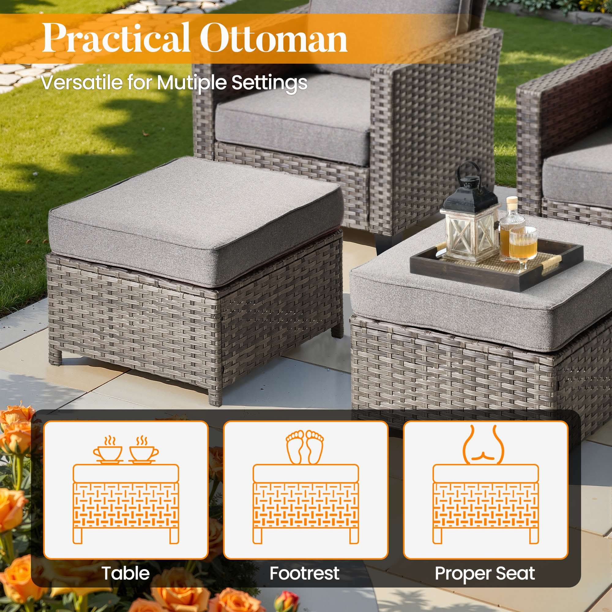 OVIOS Outdoor Patio Furniture Set with Wicker Sofa Loveseat Ottomans and Rocking Chairs