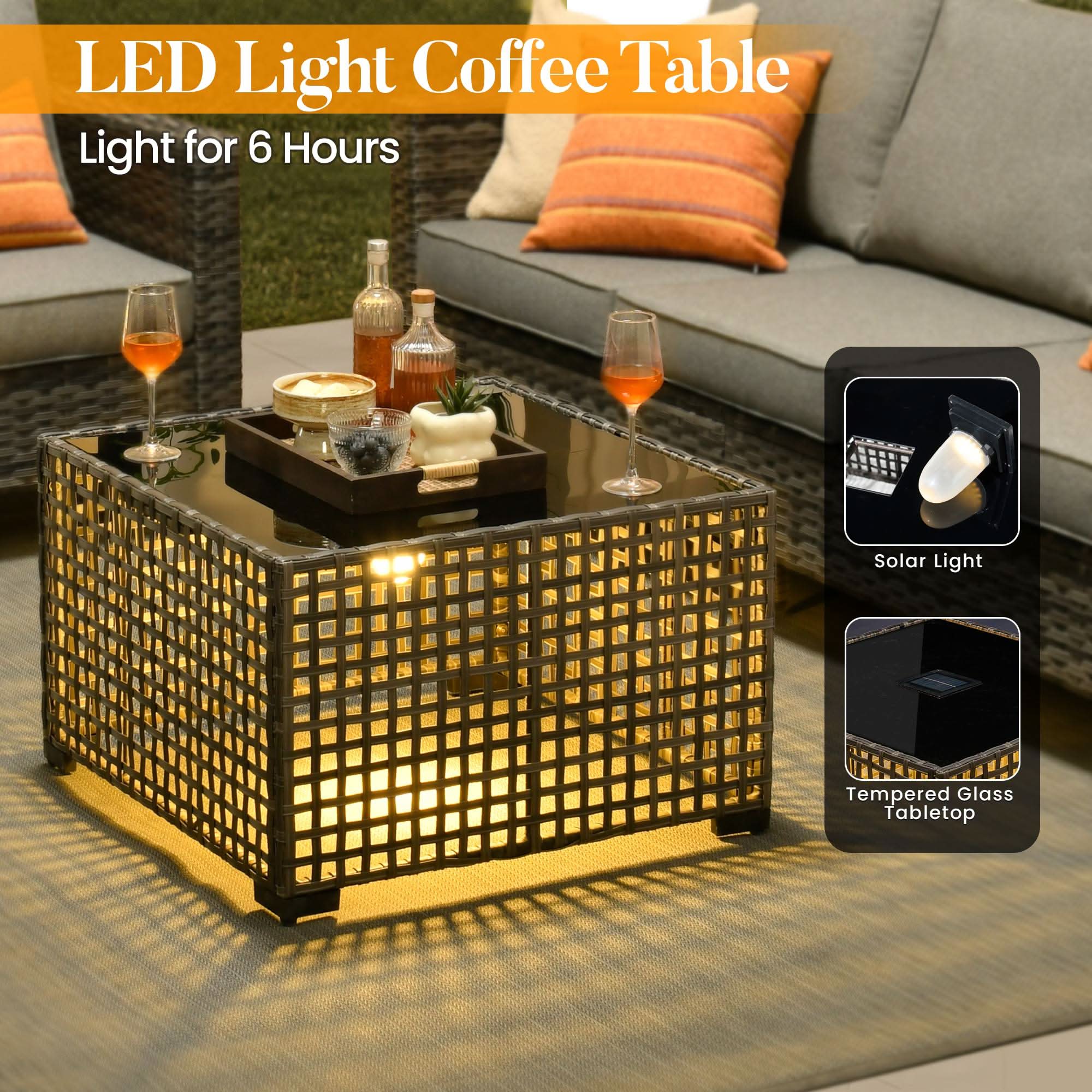 Dark Grey | OVIOS LED light PE wicker patio coffee table with tempered glass top, solar powered.