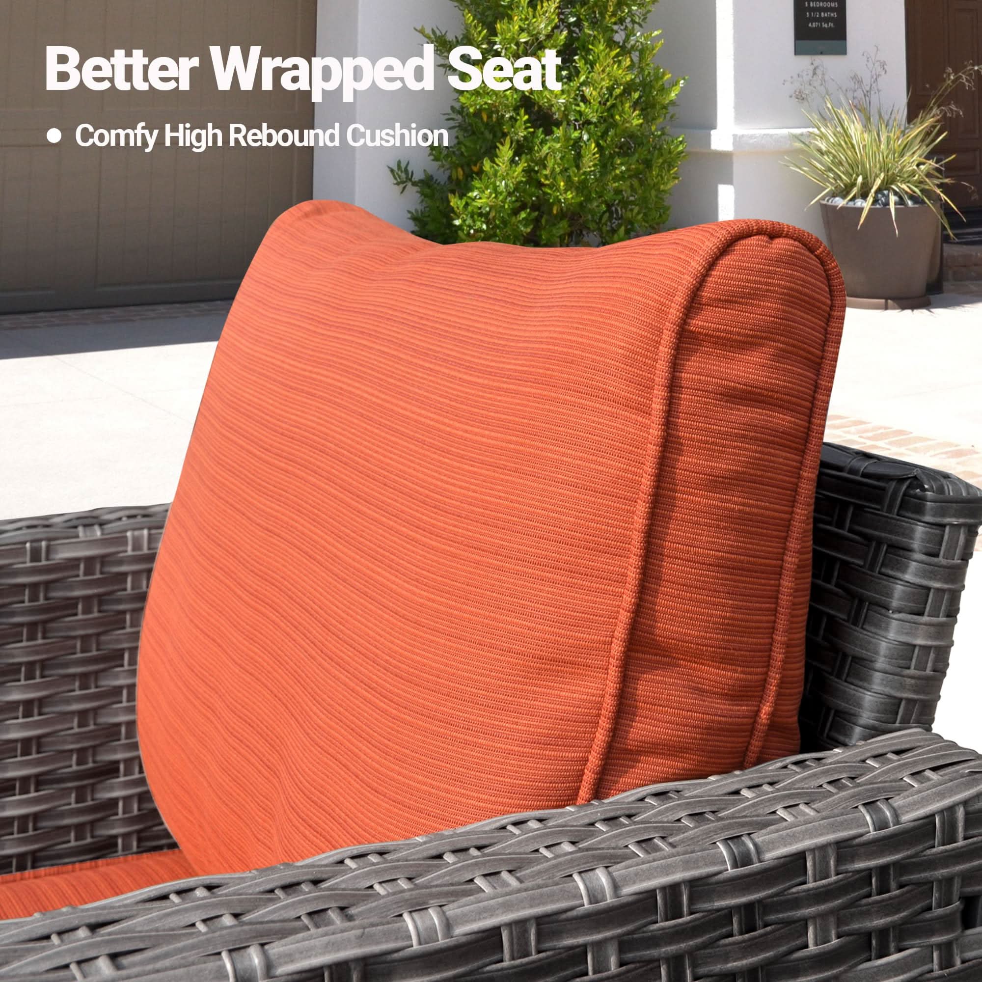 Orange OVIOS patio furniture grey wicker chair close-up showing comfy orange high back cushion.