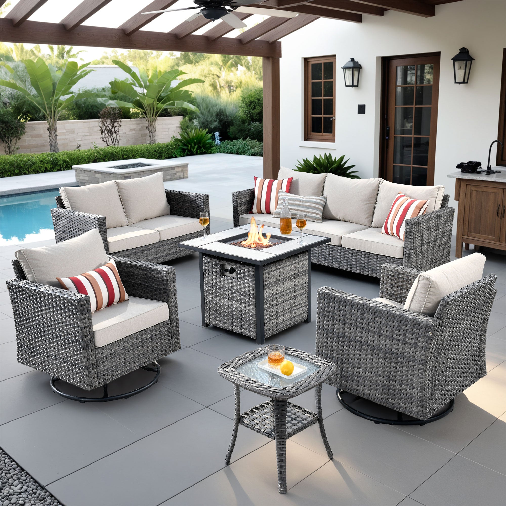 OVIOS Wicker Patio 6-Piece Set With 30'' Wicker Propane Fire Pit Table