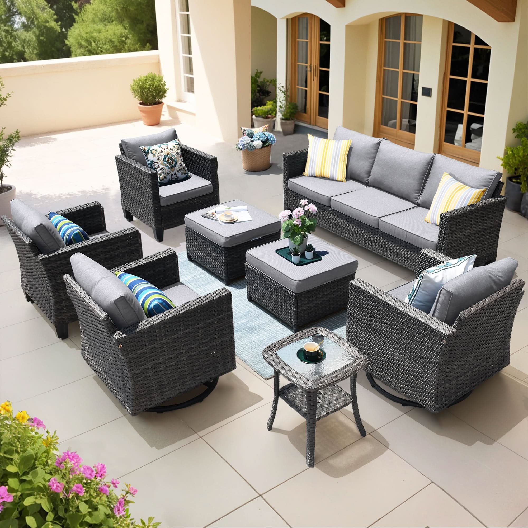 OVIOS Wicker Patio Conversation Set 8-Piece with 3-seat Sofa & Loveseat