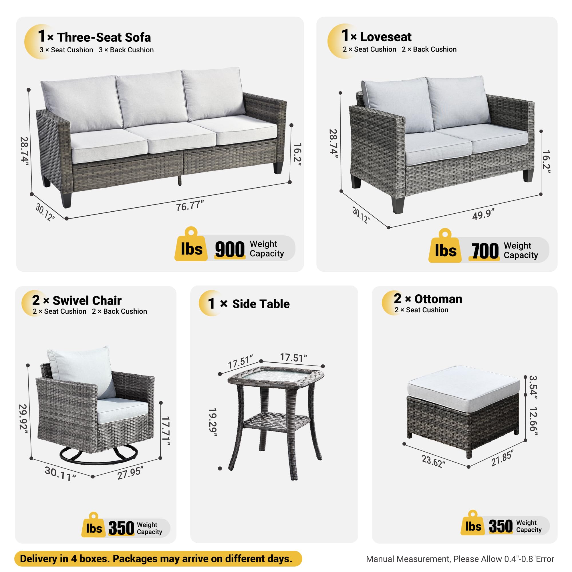 Ovios 7 Pieces Patio Furniture Set, Outdoor Wicker Sofa with Rocking Swivel Chairs