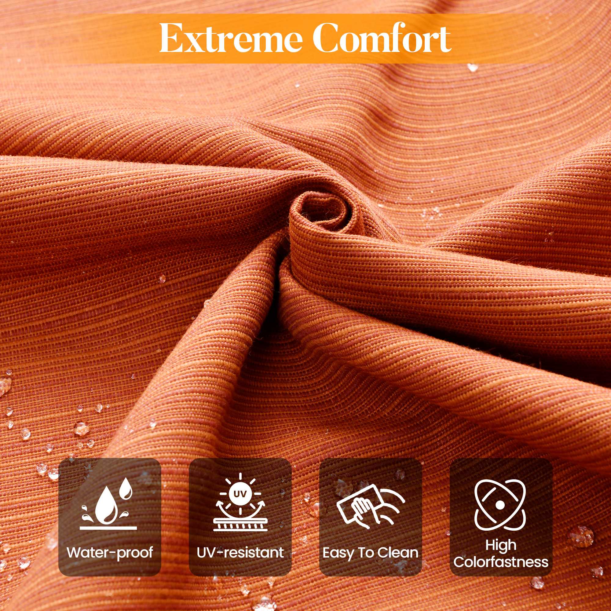 Orange | Textured orange fabric detail for OVIOS patio set, featuring water-proof and UV-resistant properties.