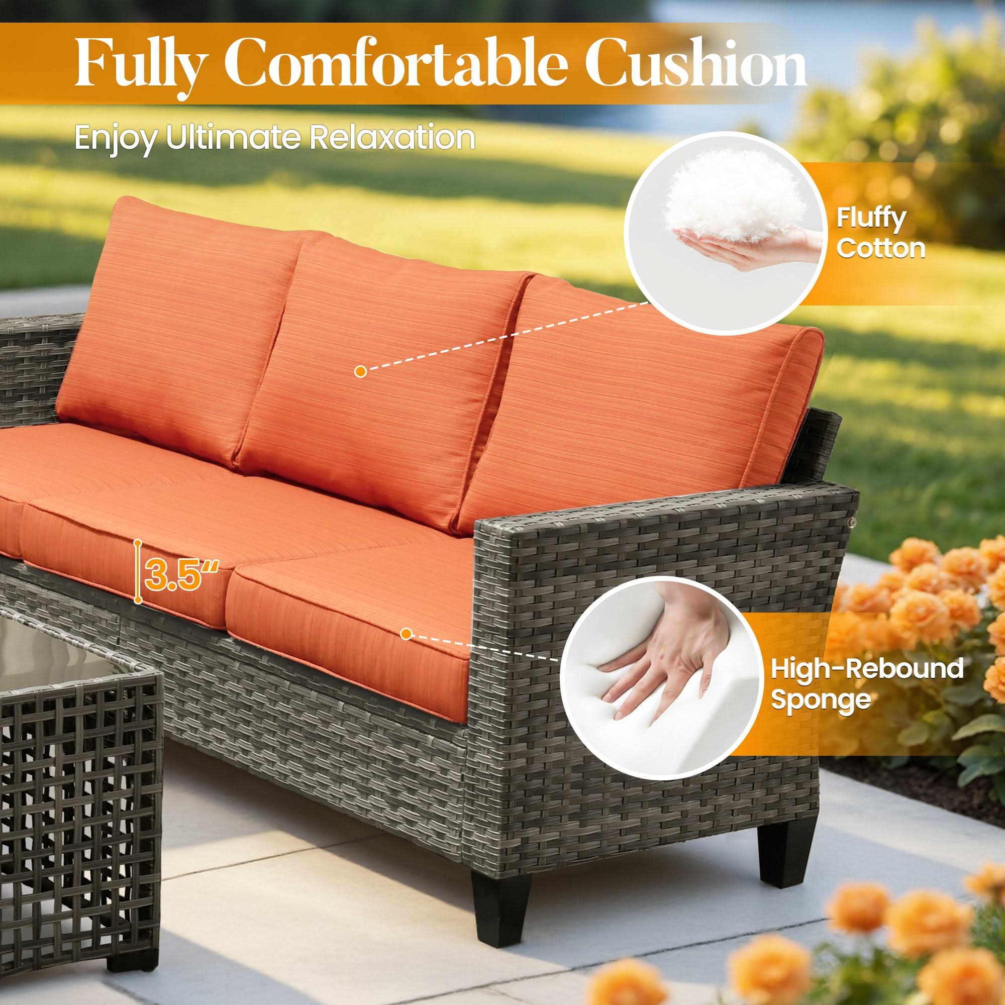 OVIOS 7-piece wicker patio furniture: gray sofa with thick orange cushions, fluffy cotton & high-rebound sponge.