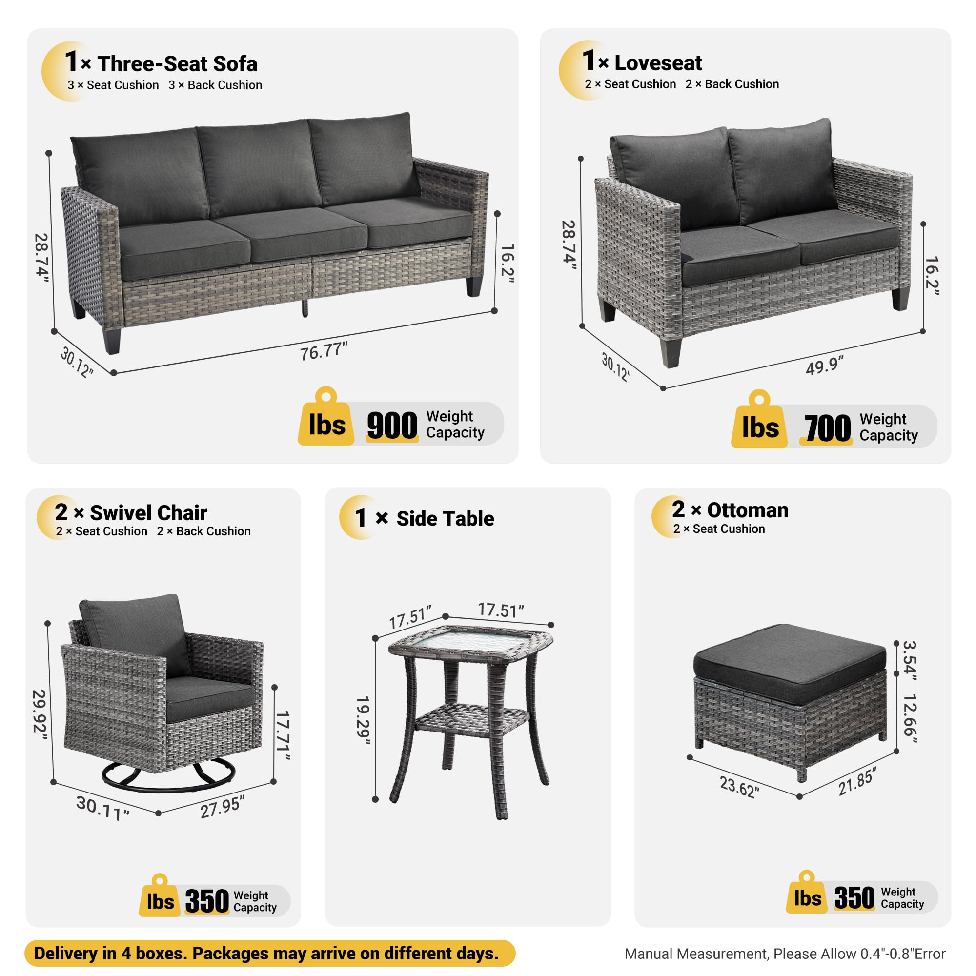 Ovios 7 Pieces Patio Furniture Set, Outdoor Wicker Sofa with Rocking Swivel Chairs