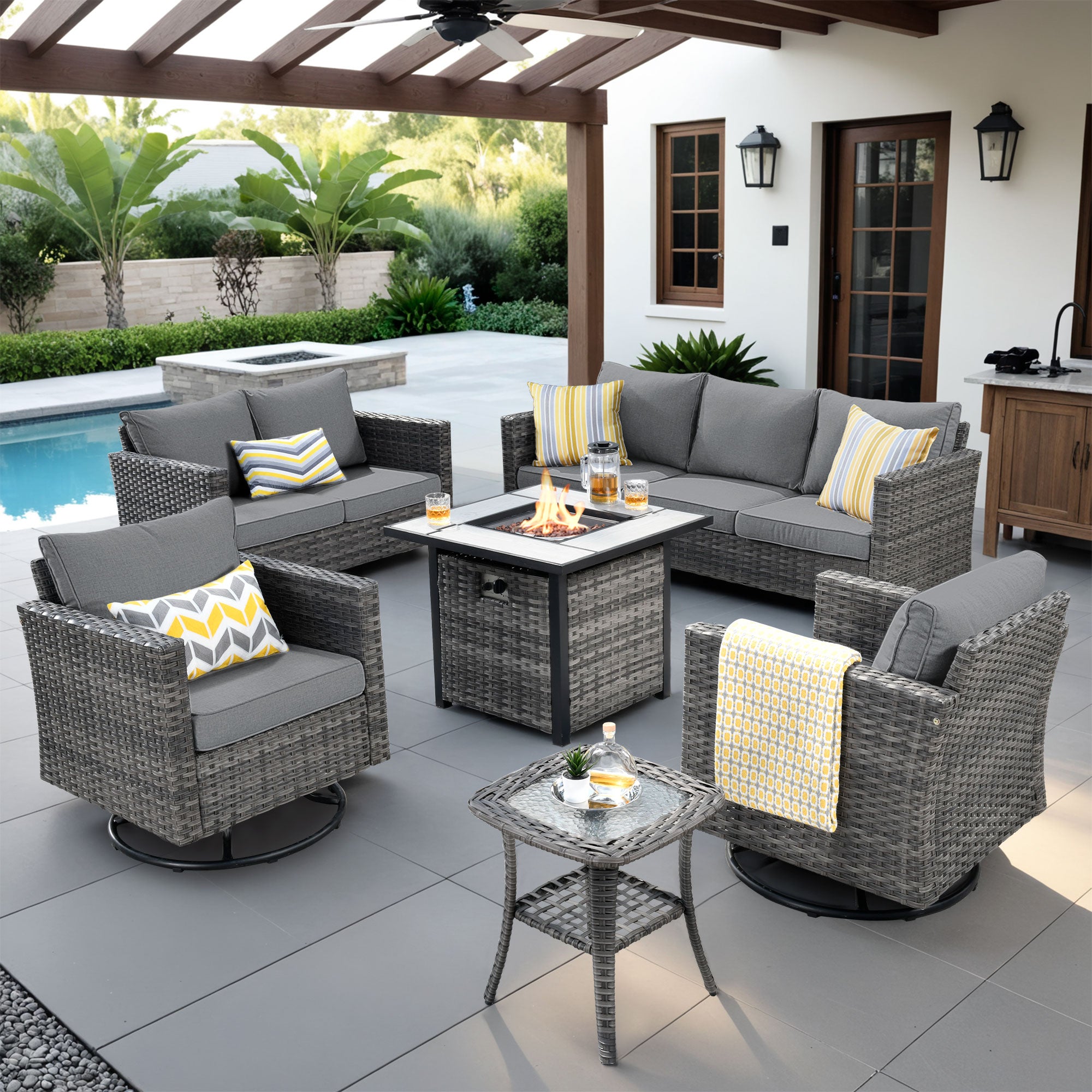 OVIOS Wicker Patio 6-Piece Set With 30'' Wicker Propane Fire Pit Table