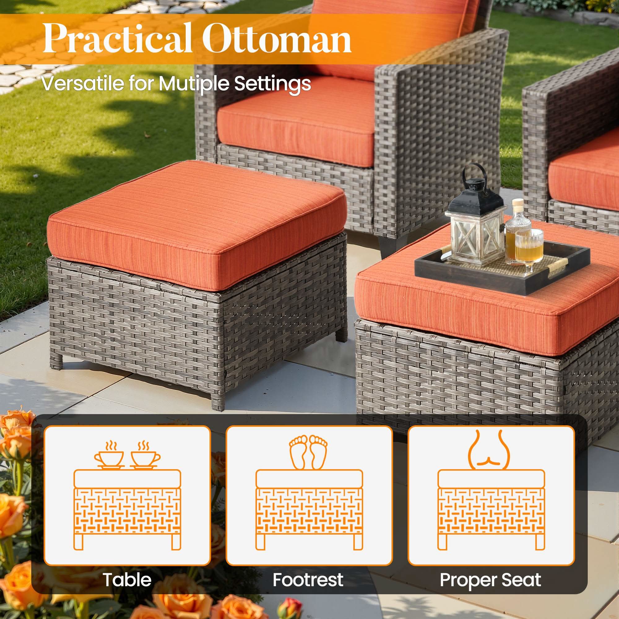 Orange | OVIOS grey wicker ottoman with orange cushion, versatile as table, footrest, or seat.