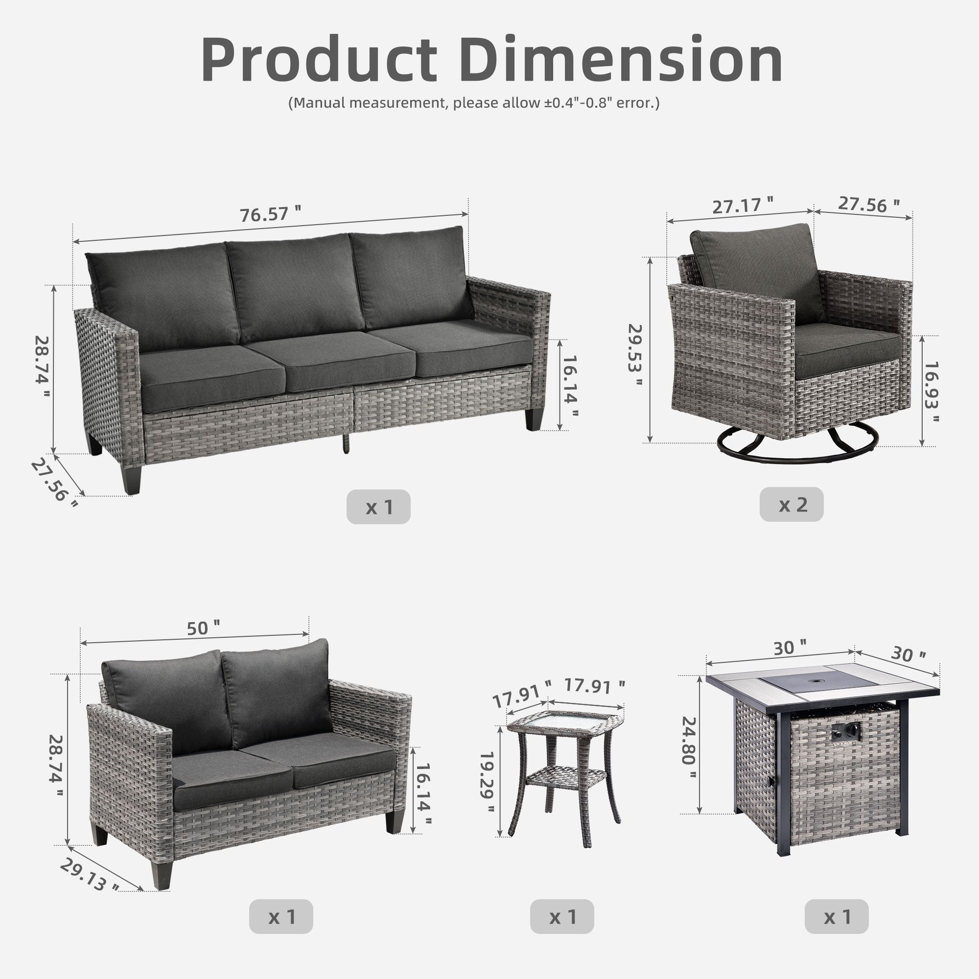 OVIOS Patio Vultros 6-Piece Set With Swivel Chair Lover seat and 30'' Propane Fire Pit Table