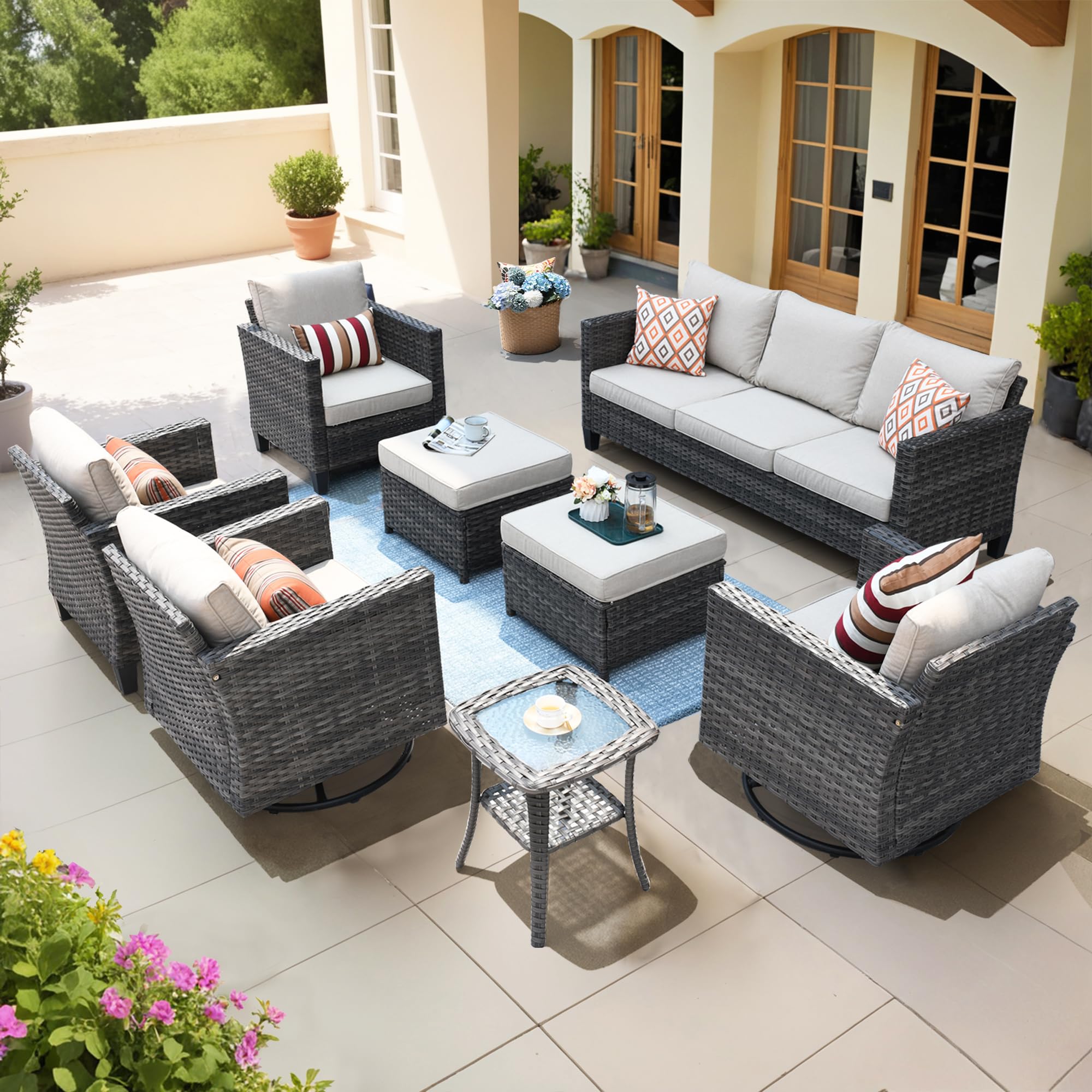 OVIOS Patio Conversation Set 8-Piece with Swivel Rocking Chairs and Table