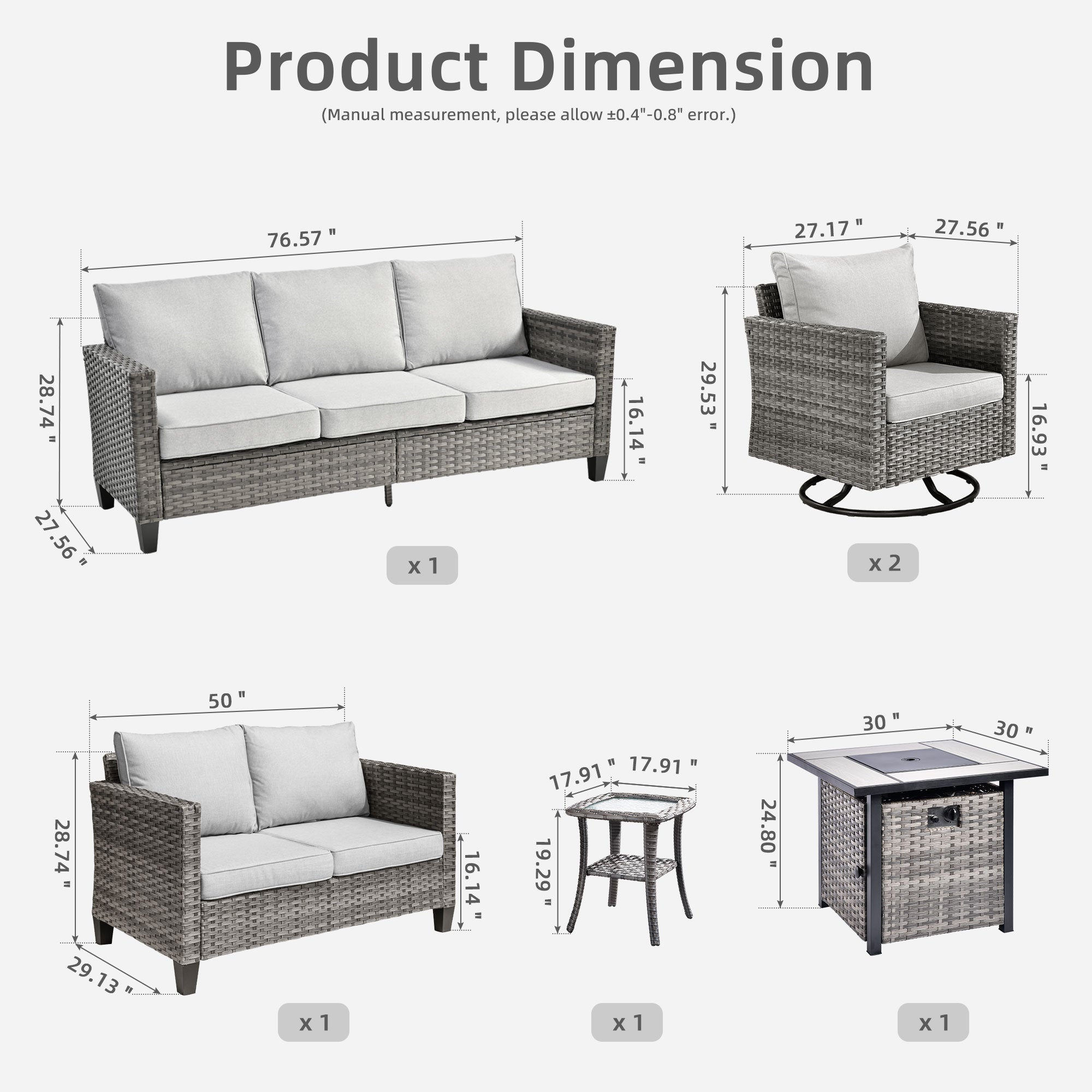 OVIOS Patio Vultros 6-Piece Set With Swivel Chair Lover seat and 30'' Propane Fire Pit Table