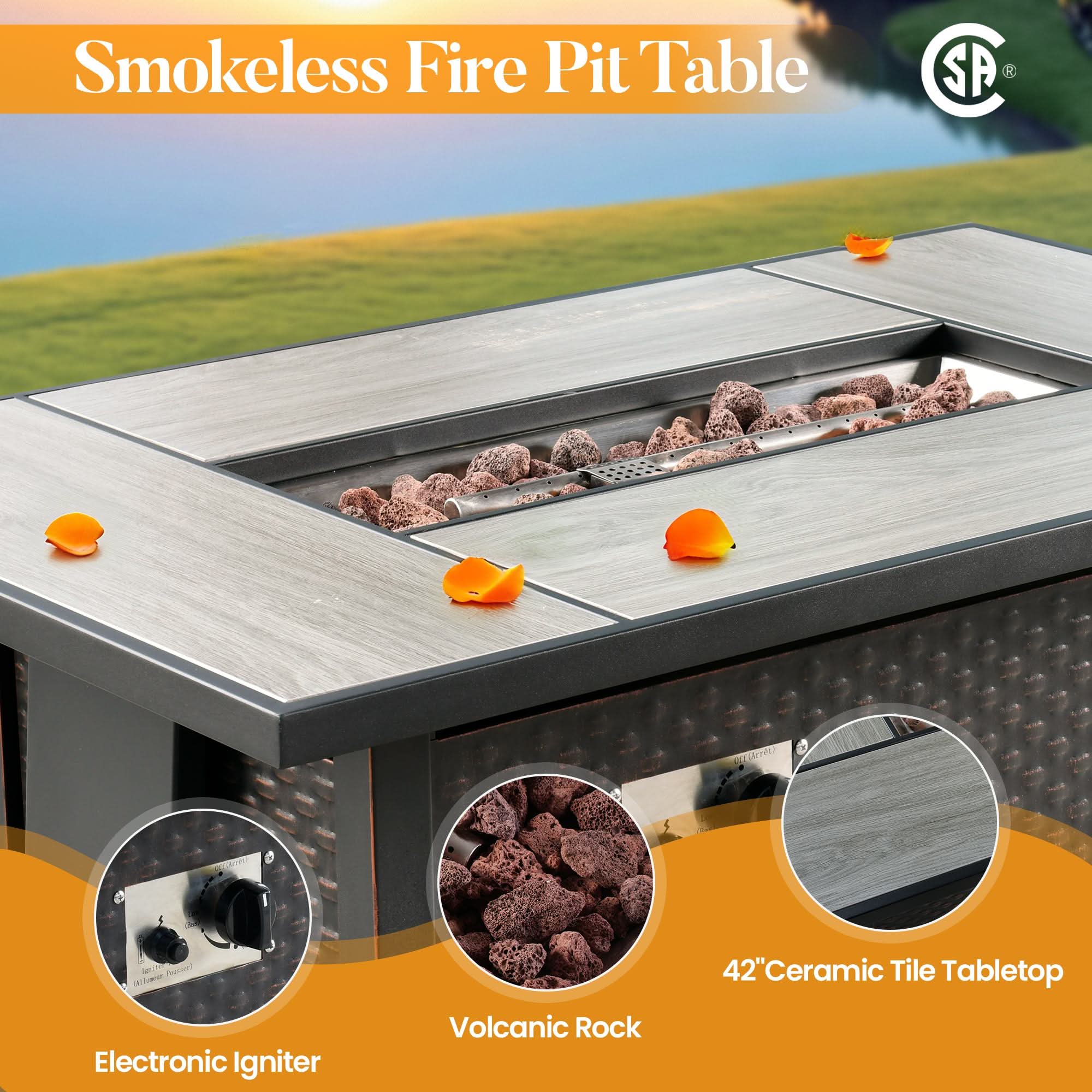 OVIOS wicker patio fire pit table, 42" ceramic top, volcanic rock, electronic igniter.